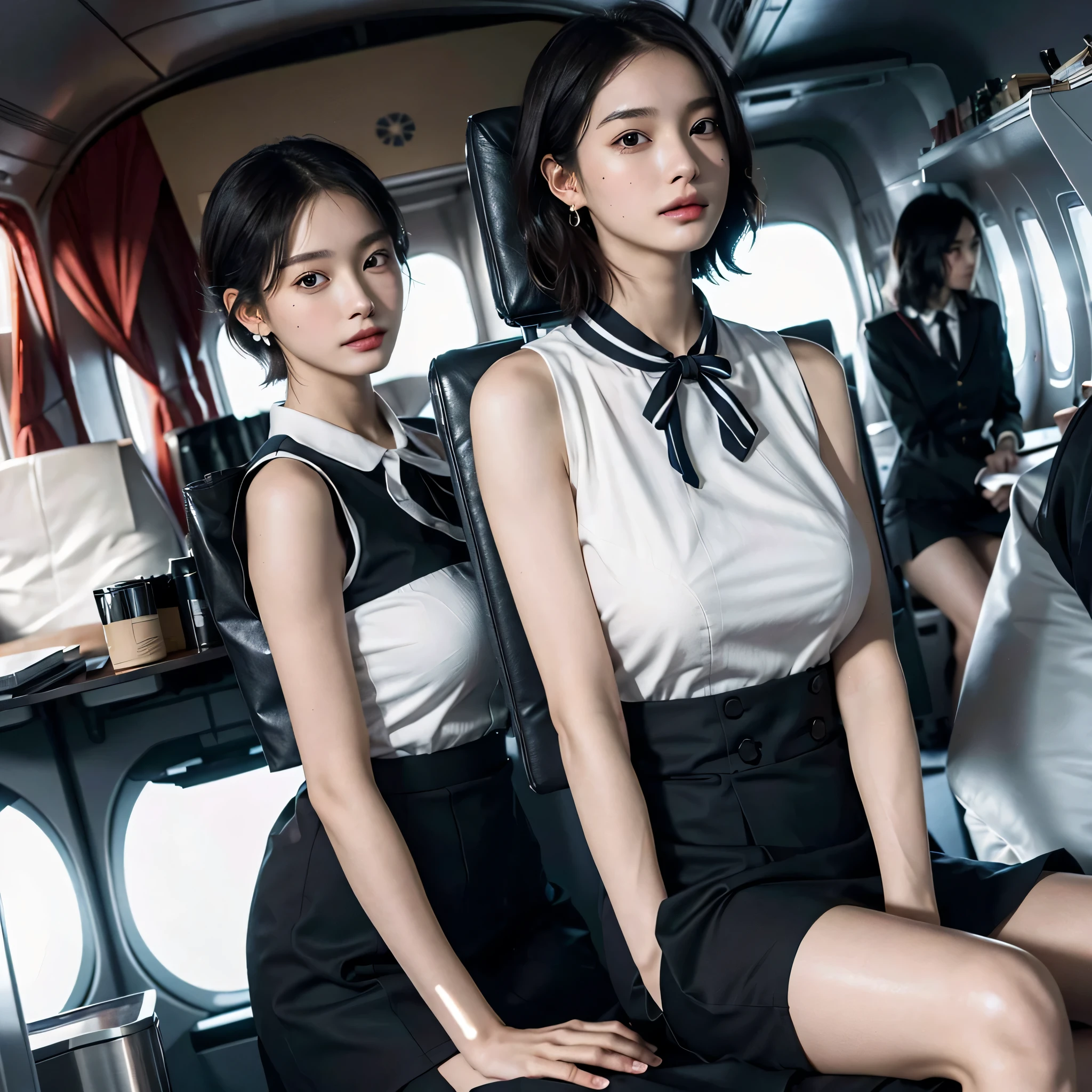 disorganized, RAW photo, very delicate and beautiful, masterpiece, highest quality, ultra high resolution, 16k, surreal, super detailed, perfect anatomy, super dense skin, perfect figure, Highly detailed CG 8k wallpaper, 20's, very slim body, tight waist, very small head, very small face, delicate features, tearful mole, earrings, thin legs, barefoot, ((very huge round breasts)), ((3 girls)), full body shot, short hair, wavy hair, ((stewardess uniform)), No sleeve,