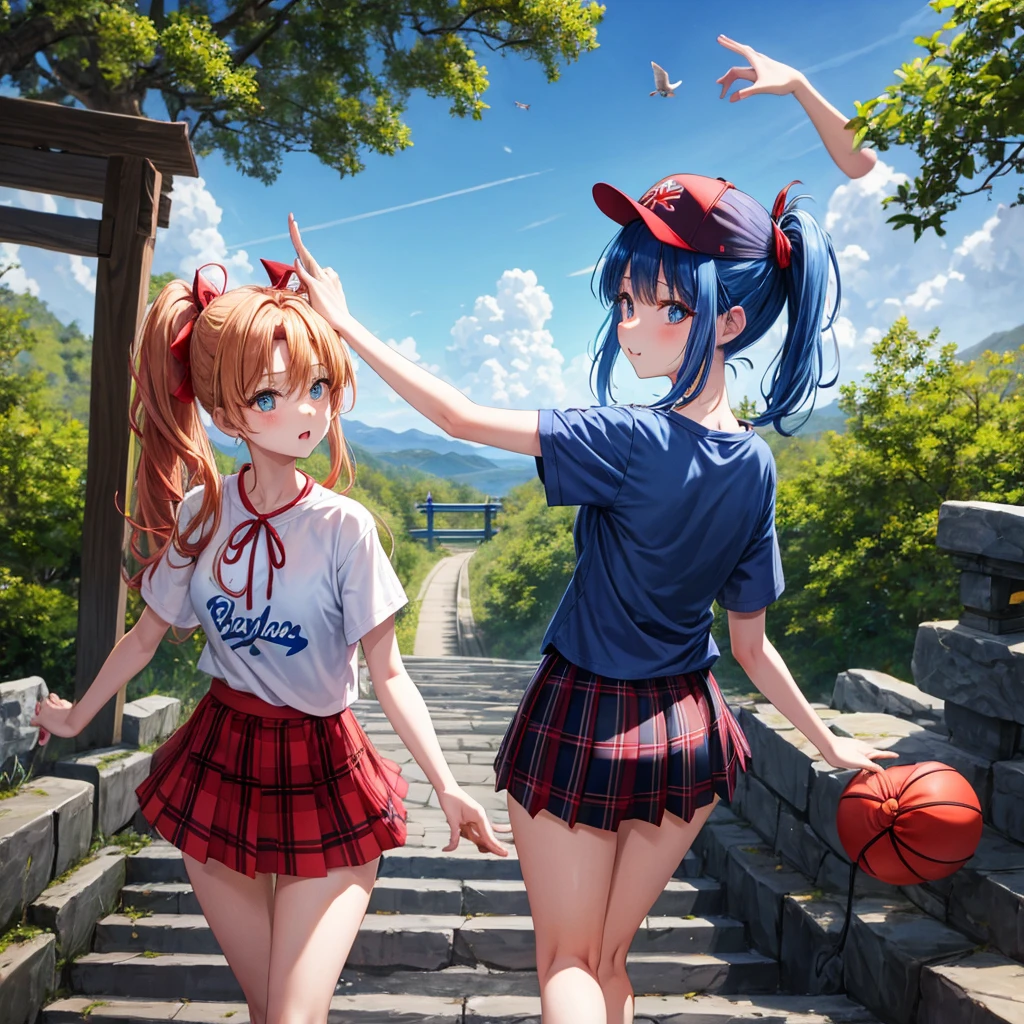Red-blonde、blue hair、blue eyeraid、ponytail、one good looking girl、solo、anime、Plaid miniskirt、black t-shirt、camisole、forest、walking、Wearing a plaid baseball cap、Tilting your face、Doing the ribbon、sunset sky、stone bridge、stone stairs、petal、A small bird flying、big tree、tunnel、squirt、Bang、stretching one's back