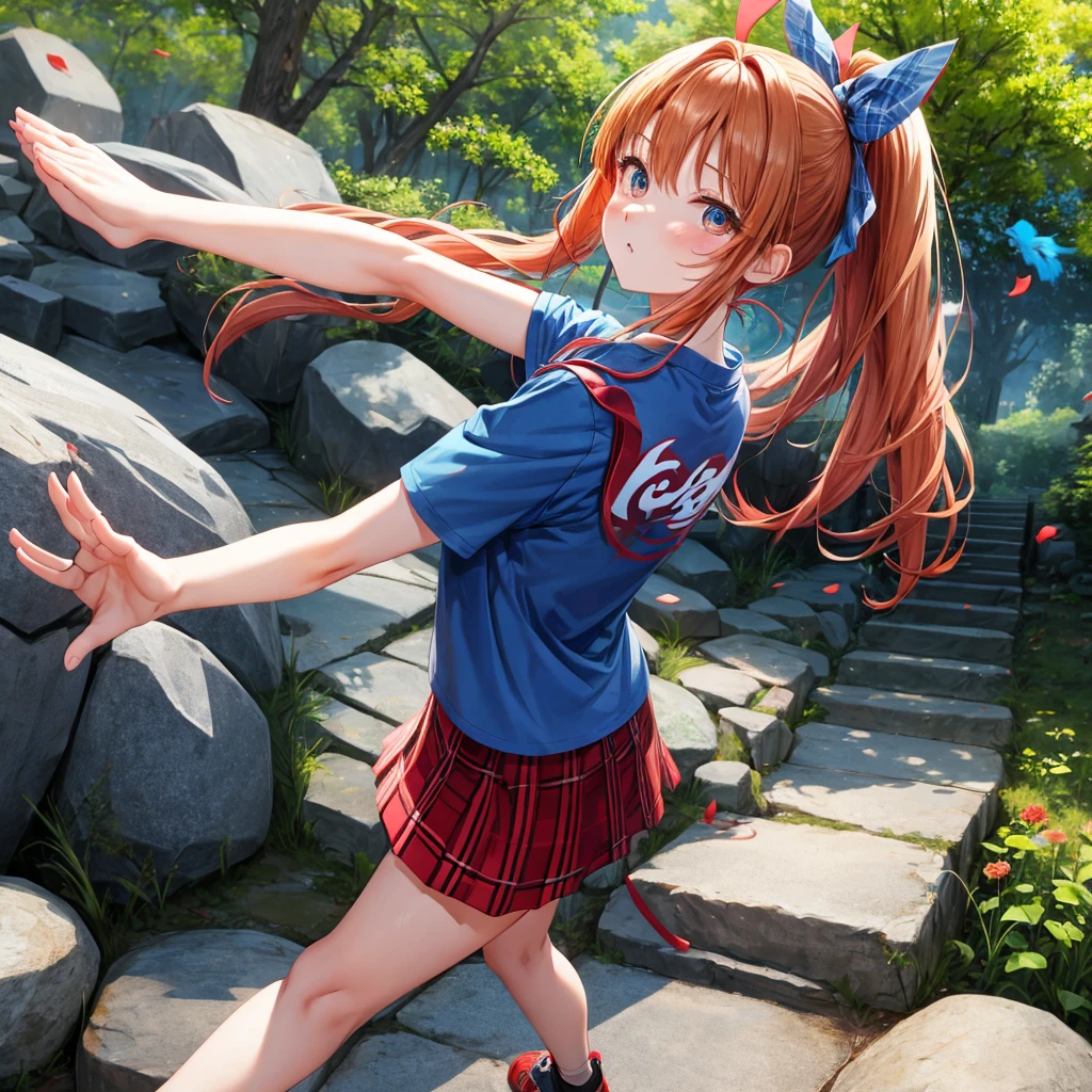 Red-blonde、blue hair、blue eyeraid、ponytail、one good looking girl、solo、anime、Plaid miniskirt、black t-shirt、camisole、forest、walking、Wearing a plaid baseball cap、Tilting your face、Doing the ribbon、sunset sky、stone bridge、stone stairs、petal、A small bird  flying、big tree、tunnel、squirt、Bang、stretching one&#39;s back