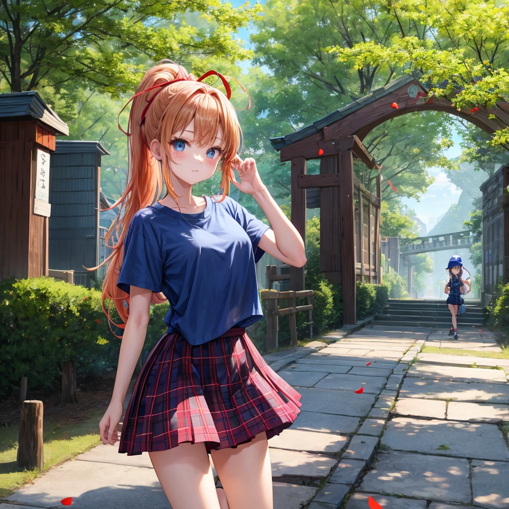 Red-blonde、blue hair、blue eyeraid、ponytail、one good looking girl、solo、anime、Plaid miniskirt、black t-shirt、camisole、forest、walking、Wearing a plaid baseball cap、Tilting your face、Doing the ribbon、sunset sky、stone bridge、stone stairs、petal、A small bird flying、big tree、tunnel、squirt、Bang、stretching one's back