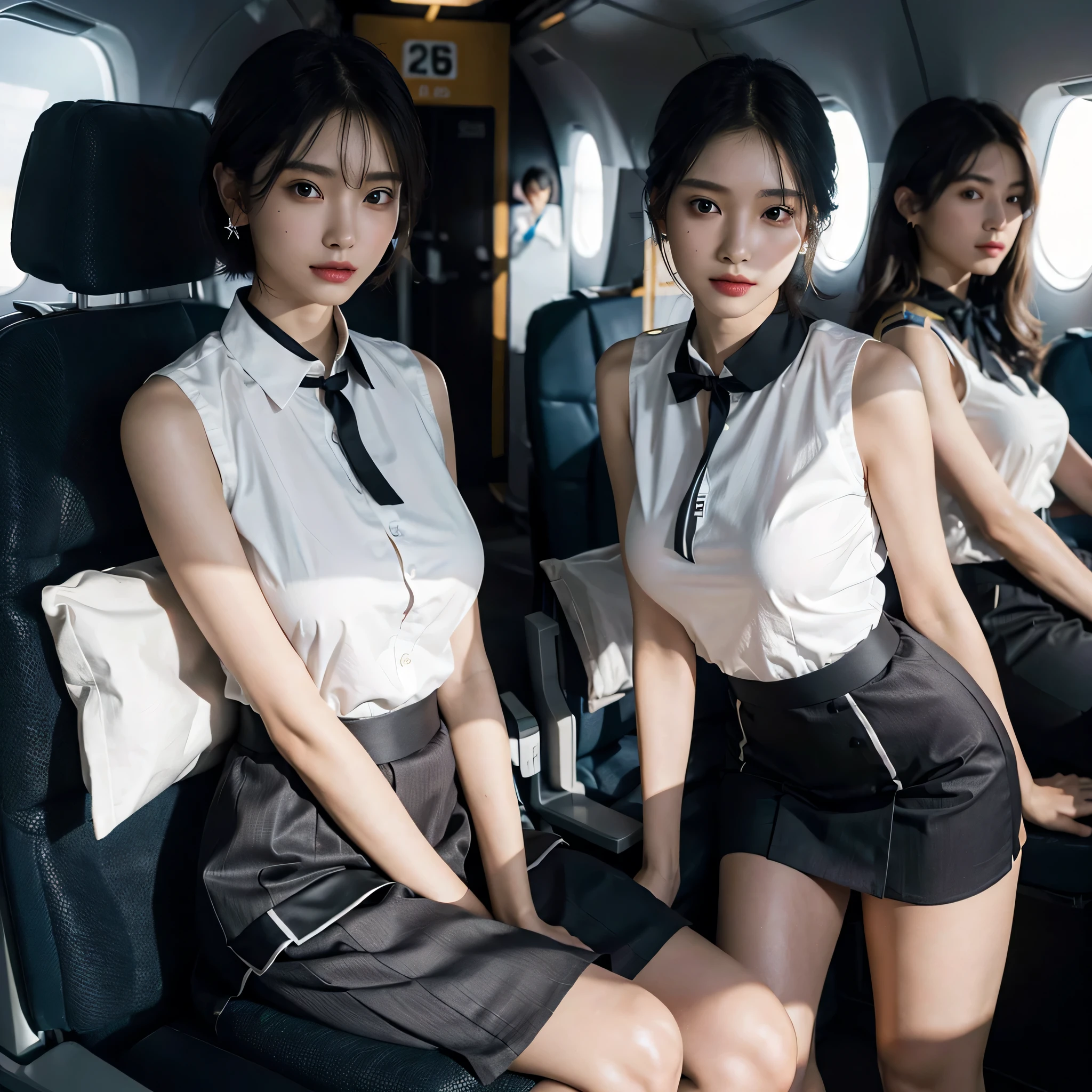 disorganized, RAW photo, very delicate and beautiful, masterpiece, highest quality, ultra high resolution, 16k, surreal, super detailed, perfect anatomy, super dense skin, perfect figure, Highly detailed CG 8k wallpaper, 20&#39;s, very slim body, tight waist, very small head, very small face, delicate features, tearful mole, earrings, thin legs, barefoot, ((very huge round breasts)), ((3 girls)), full body shot, short hair, wavy hair, ((stewardess uniform)), No sleeve,