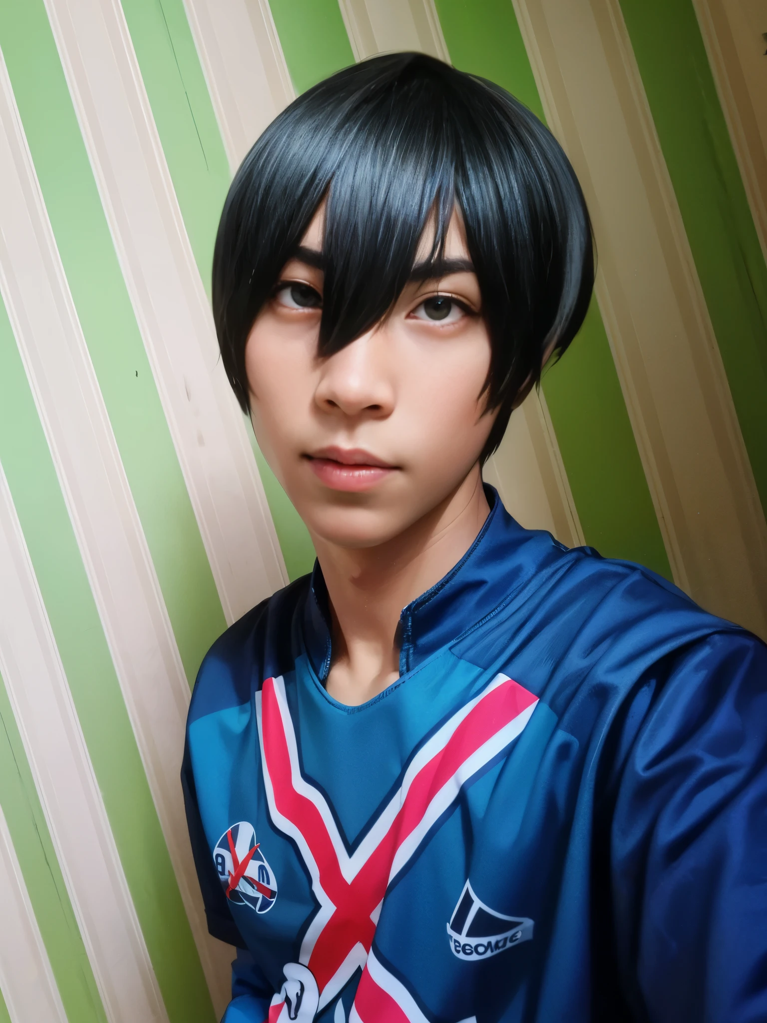 there  a young man with a black hair and a blue shirt, cosplayer, inspired by Un'ichi Hiratsuka, with short hair, as an anime character, rin, anime , with straight black hair, male anime style, inspired by Tomioka Tessai, fukaya yuichiro, yukio - e, inspired by Junpei Satoh