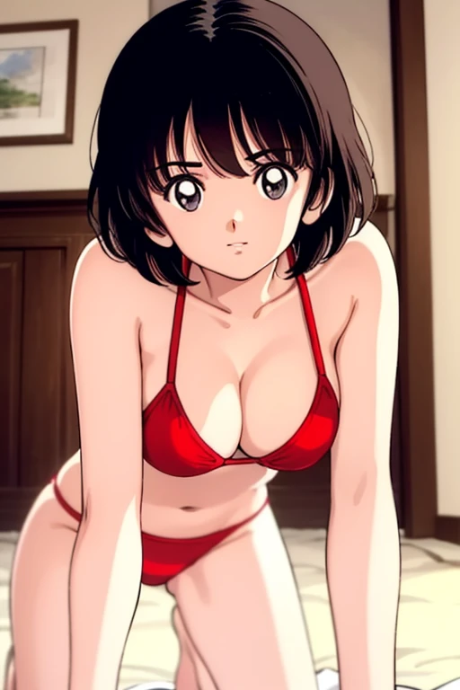 1girl, haruka, black hair, short hair, bangs, looking at viewer, medium breast, cleavage, (all fours, bottom-down), (red micro bikini), (best quality, masterpiece:1.3)