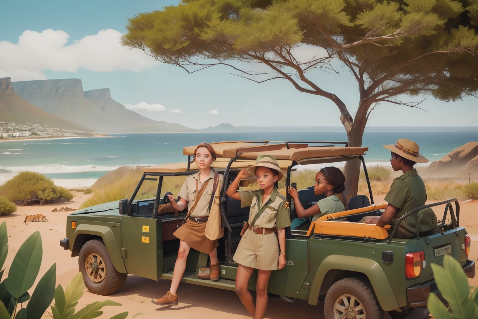The Cape Town Safari Exploration: Envision a tween girl with freckles, dressed in safari attire, leading a wildlife exploration club in the outskirts of Cape Town. The diverse flora and fauna of South Africa create a picturesque setting for the adventure. Render the safari exploration with Wes Anderson's vibrant and natural color tones, capturing the harmony between nature and exploration.