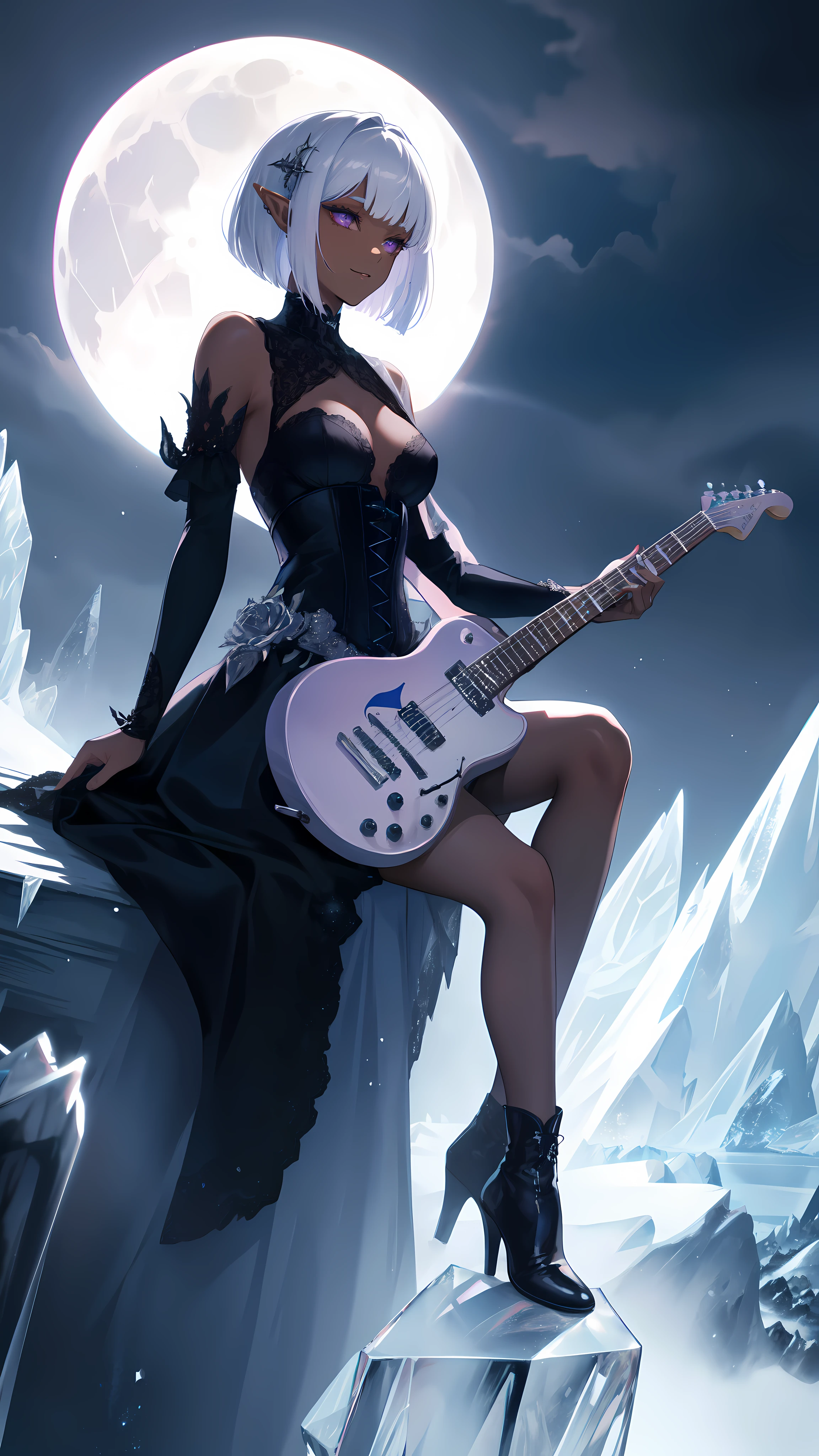 ((masterpiece )), (top quality), (best quality), ((ultra-detailed, 8k quality)), Aesthetics, Cinematic lighting, (detailed line art), 
BREAK,
Beautiful Gothic dark elf girl, Sitting on a top of a mountain, playing (Guitar), full moon sky, dark night Background, 
BREAK, 
absurdres, athletic proportions, play Guitar pose, Dark guitar, cowboy shot, dynamic angle, dress, (Gothic dress with ice crystals), (gothic cloves with ice crystals), dip hem dress, white and black dress, highheels, ankle boots, lace train, dip hem, bare shoulders, corset dress, (surrounded by ice), (the garden of an ice mountain),
BREAK, 
highly detailed of ( dark elf), (1girl), perfect face, details eye, Bob cut hair, Blunt bangs, (hair between eye), white hair, violet eyes, eyelashes, eyeshadow, pink eyeshadow, light smile, design art by Artgerm, by Kawacy, By Yoshitaka Amano,
BREAK, 
((perfect anatomy)), nice body, medium breast, extremely detailed finger, best hands, perfect face, beautiful face, beautiful eyes, perfect eyes, perfect fingers, correct anatomy, ((Dark skin))