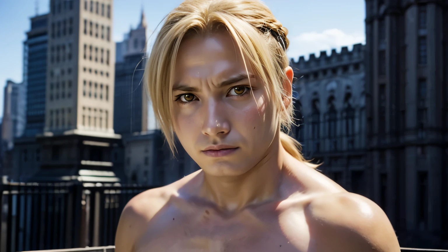 masterpiece, best quality, , 1boy, solo, male focus, looking at viewer, , , , realistic, edward_elric, blonde hair, yellow eyes, single mechanical arm, braided ponytail, young, boy, 16 years old