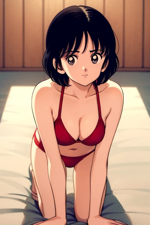 1girl, haruka, black hair, short hair, bangs, looking at viewer, medium breast, cleavage, (all fours, seiza), (red micro bikini), (best quality, masterpiece:1.3)