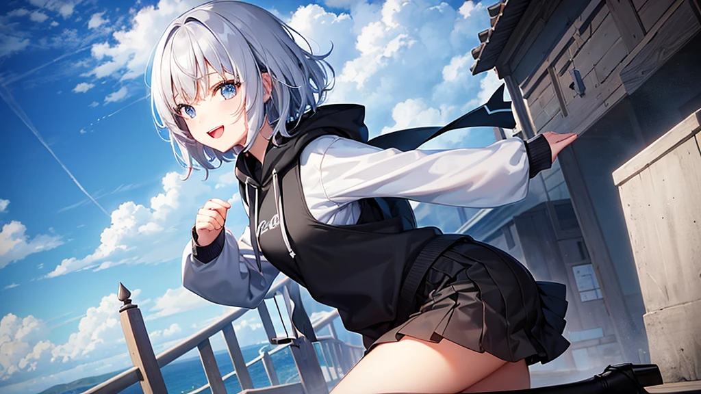 super high quality, girl, 20-year-old, とてもshort hair, long bangs between the eyes, pale blue eyes, hoodie,Black skirt , very detailed,(masterpiece、highest quality)、alone、gray hair、fantasy, silver hair, black eye, beautiful eyes,、short hair,blue sky , sunlight,fantasyな風景,smile、open your mouth