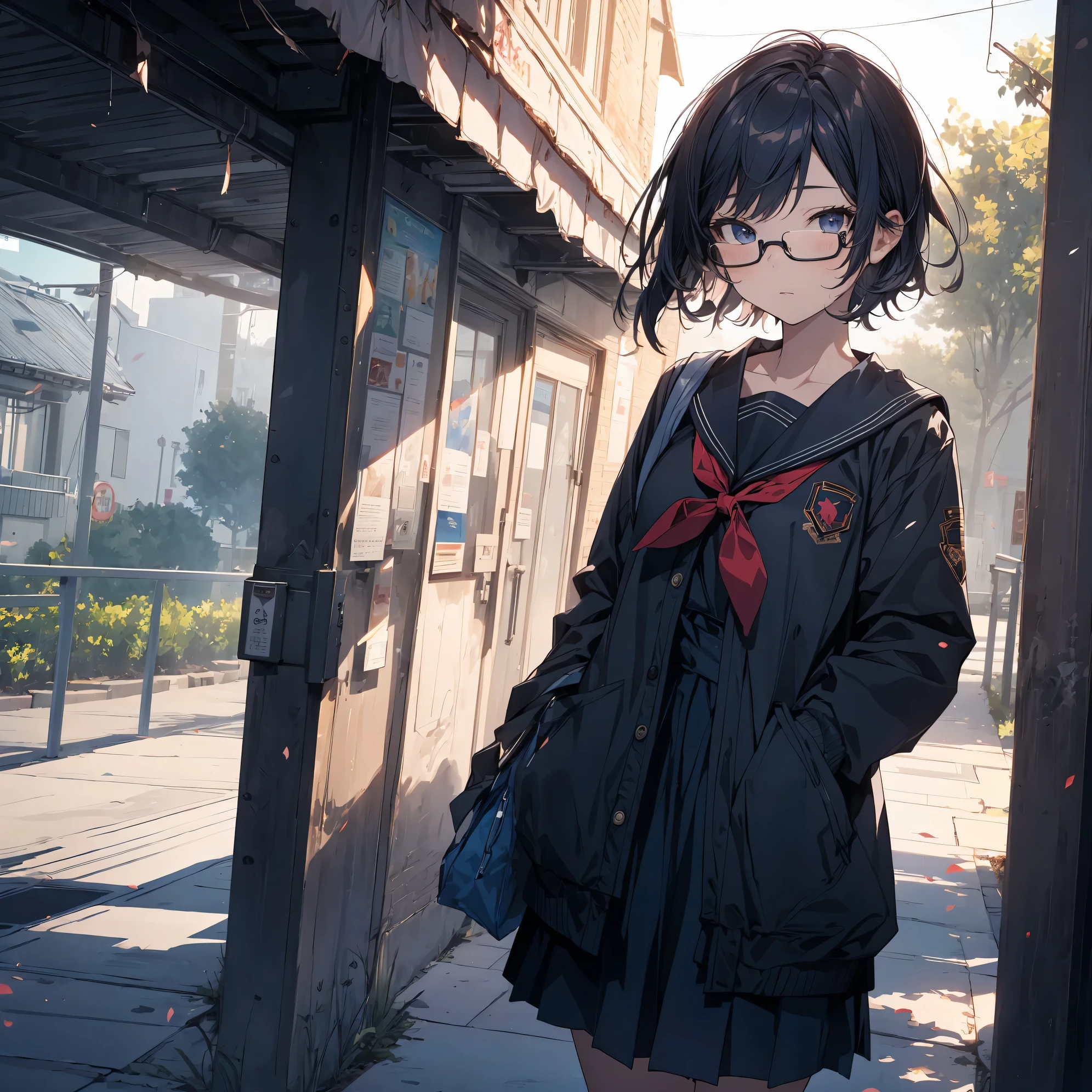 Super high quality by the art god, super detailed, High resolution, gwai's style, anime moe art style, best anime 8k konachan wallpaper, pixiv contest winner, perfect anatomy, break,(校舎をalone歩いている女の子の絵を描いてください.),break, surreal high school girl, (alone,loli face,13 years old:1.3),All limbs, full finger,high school student, Feminine charm, ((wearing glasses,very short hair)),flat and soft chest, small ass, between legs, small eyes,beautiful detailed black eyes, Well-proportioned iris and pupils, High resolutionの詳細な髪, ((sailor suit)),In the school,break,super dense skin,Best lighting by famous artists, 8K,figure.