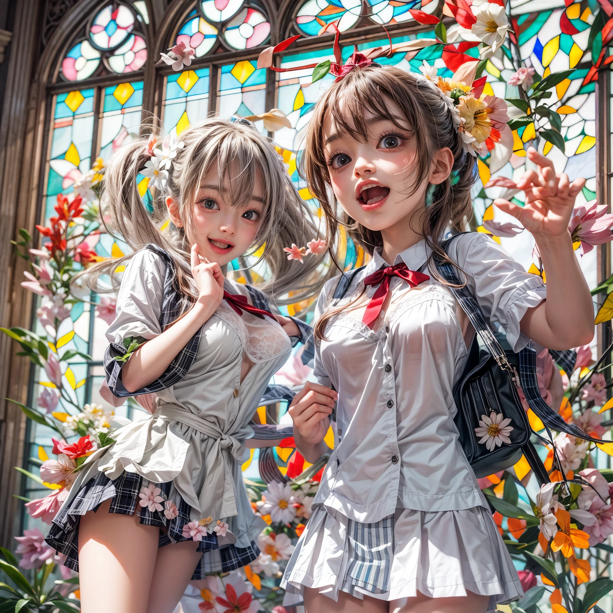 White and Red, (Dazzlingly colorful Light shines:1.2), (physically-based rendering with ultra-detailed, (masutepiece:1.2) of professional photograpy, (highly realistic and (photorealistic:1.37) with touch of rawness), Acutance:0.8) . A group of KAWAII girls in (school uniform) with opened Overflowing Gigantic Cleavage without bra . (((extremely detailed KAWAII face variations)) with joyful expressions), { Navel | pretty Ass | (Overflowing underboob) | White panties with (blood seeping only in crotch area) | (full of Flowers covering girl's body) | ((Dazzling colorful stained glass with stunning elaborate details:1.2)) | A Dazzling Halo (Floating) } . (Exposed:0.95), ((nipple:-0.9)), (not Detailed fingers:-0.9) .