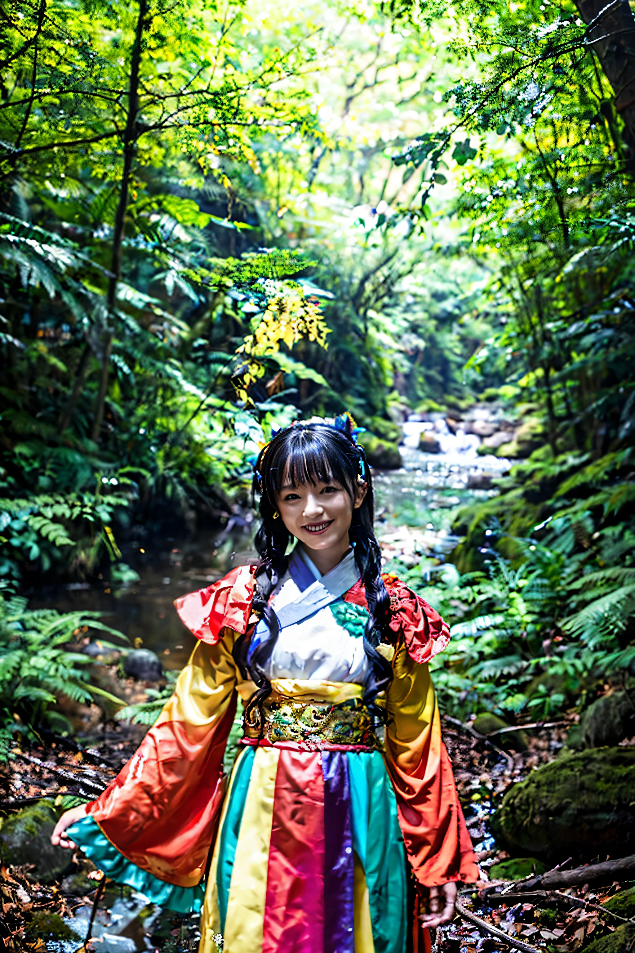 Photos with a fantastic atmosphere、Japanese woman wearing colorful costumes、In the forest where the stream flows、looking at me and smiling、Detailed photo quality