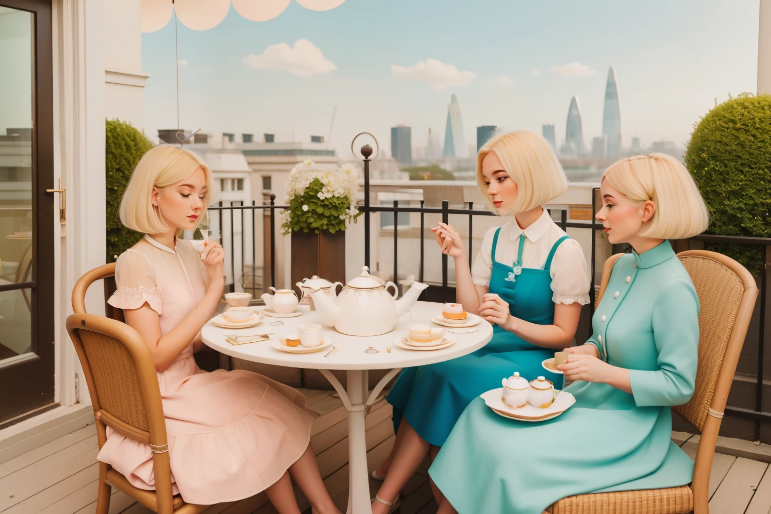 The London Rooftop Tea Party: Picture a teenage girl with a sleek bob of platinum blonde hair, dressed in a vintage tea dress, hosting a whimsical tea party on a London rooftop. The scene is adorned with mismatched teacups, pastel-colored pastries, and an antique teapot. Capture the idyllic tea party in Wes Anderson's charming color palette, adding a touch of British elegance to the London skyline.