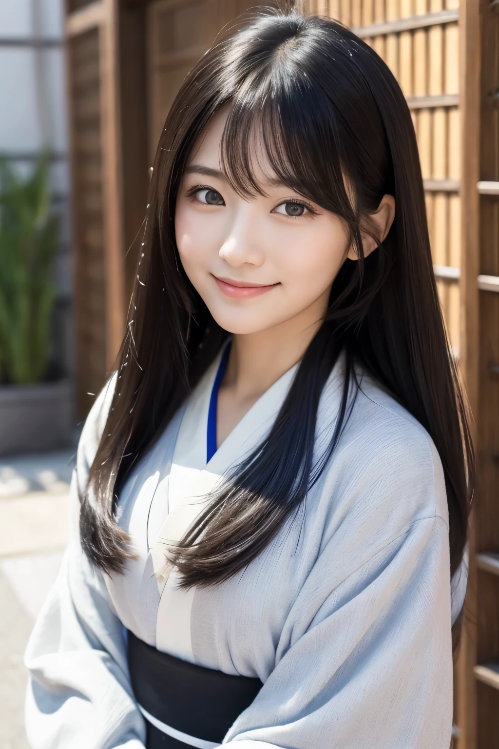 Portrait of a beautiful Japanese woman。she has long black hair、Has calm and kind eyes。she is smiling、You can feel warmth and friendliness from his expression.。The background is simple、Her beauty is set to stand out。Is the clothing traditional kimono?、Choose from modern casual styles。Overall、The image is characterized by calm colors and an elegant atmosphere.。