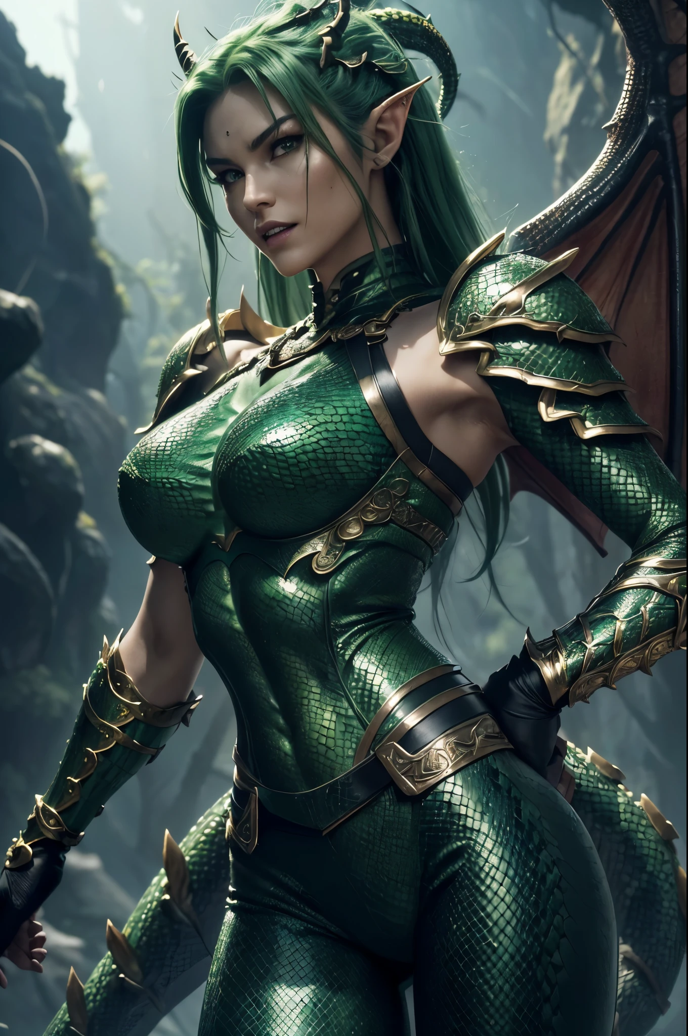 8K,A dragon woman with a dragon body,Super beautiful(like the real thinuscular scaly skin,super realistic skin,Snake-like eyes,green punk hair,gorgeous green armor,gorgeous green shoulder armor,luxury black pants,gorgeous green gauntlet,have a trident,gorgeous green waist armor,gorgeous green leg armor,Dragon wings are growing,dragon horn,ultra high resolution,Large fangs grow from the mouth,rich colors, Backlight, cinematic lighting, film grain,RAW, 50mm lens,nikon　D850,sexy armor,Severely cracked abdominal muscles,Charm,