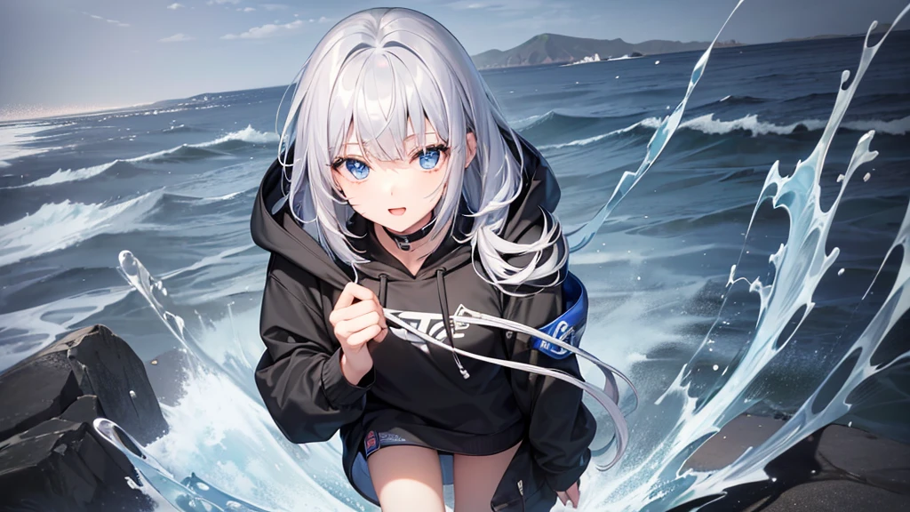 super high quality, girl, 20-year-old, Very shorthair, long bangs between the eyes, pale blue eyes, hoodie,Black skirt,白いhoodie、 very detailed,(masterpiece、highest quality)、alone、gray hair、fantasy, silver hair, black eye, beautiful eyes,seaside,blue sky , sunlight,smile、open your mouth