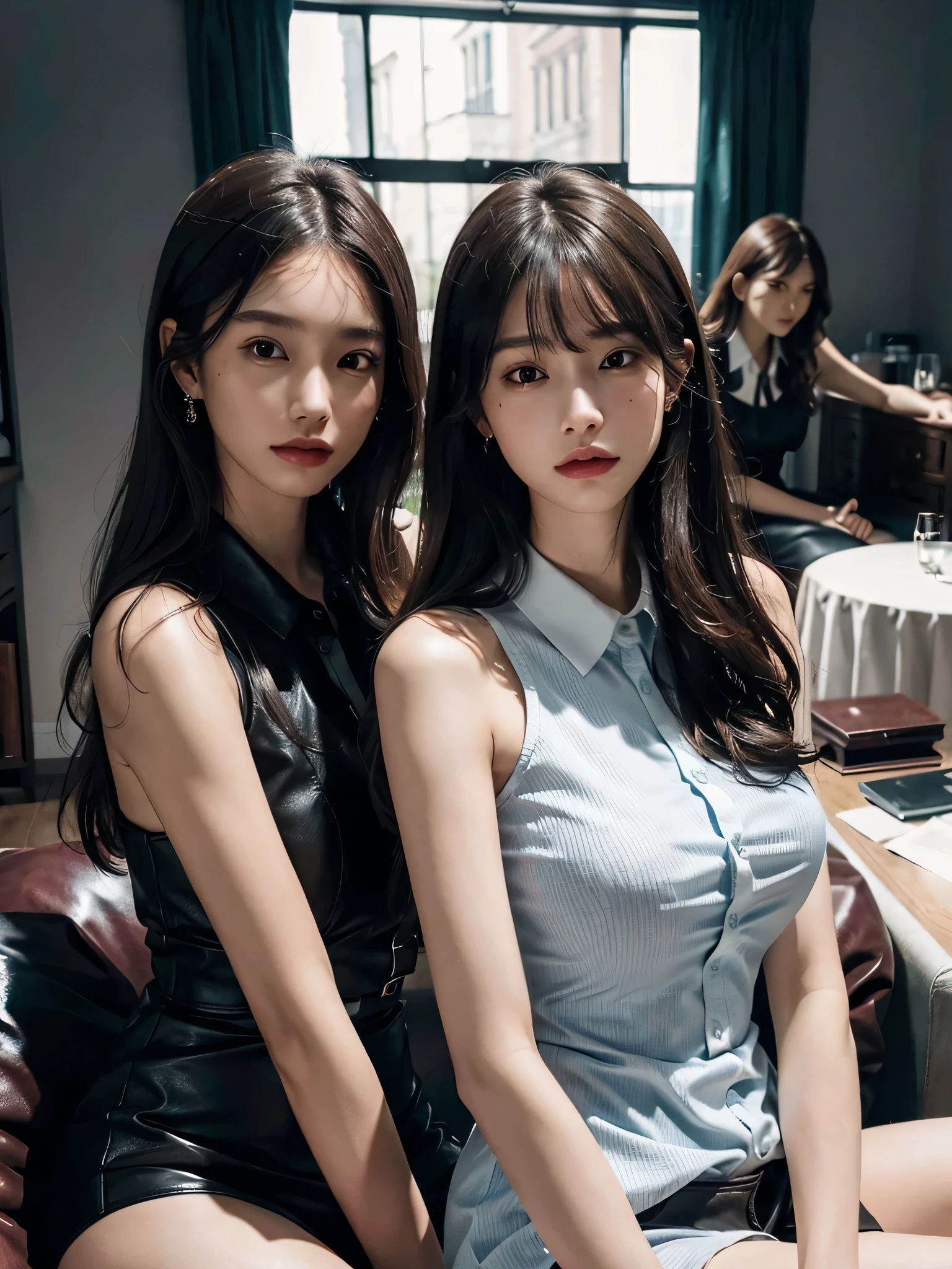 disorganized, RAW photo, very delicate and beautiful, masterpiece, highest quality, ultra high resolution, 16k, surreal, super detailed, perfect anatomy, super dense skin, perfect figure, Highly detailed CG 8k wallpaper, 20's, very slim body, tight waist, very small head, very small face, delicate features, tearful mole, earrings, thin legs, barefoot, ((very huge round breasts)), ((((3 girls)))), middle hair, (wavy hair), ((collared dress shirt)), leather short pants, No sleeve,