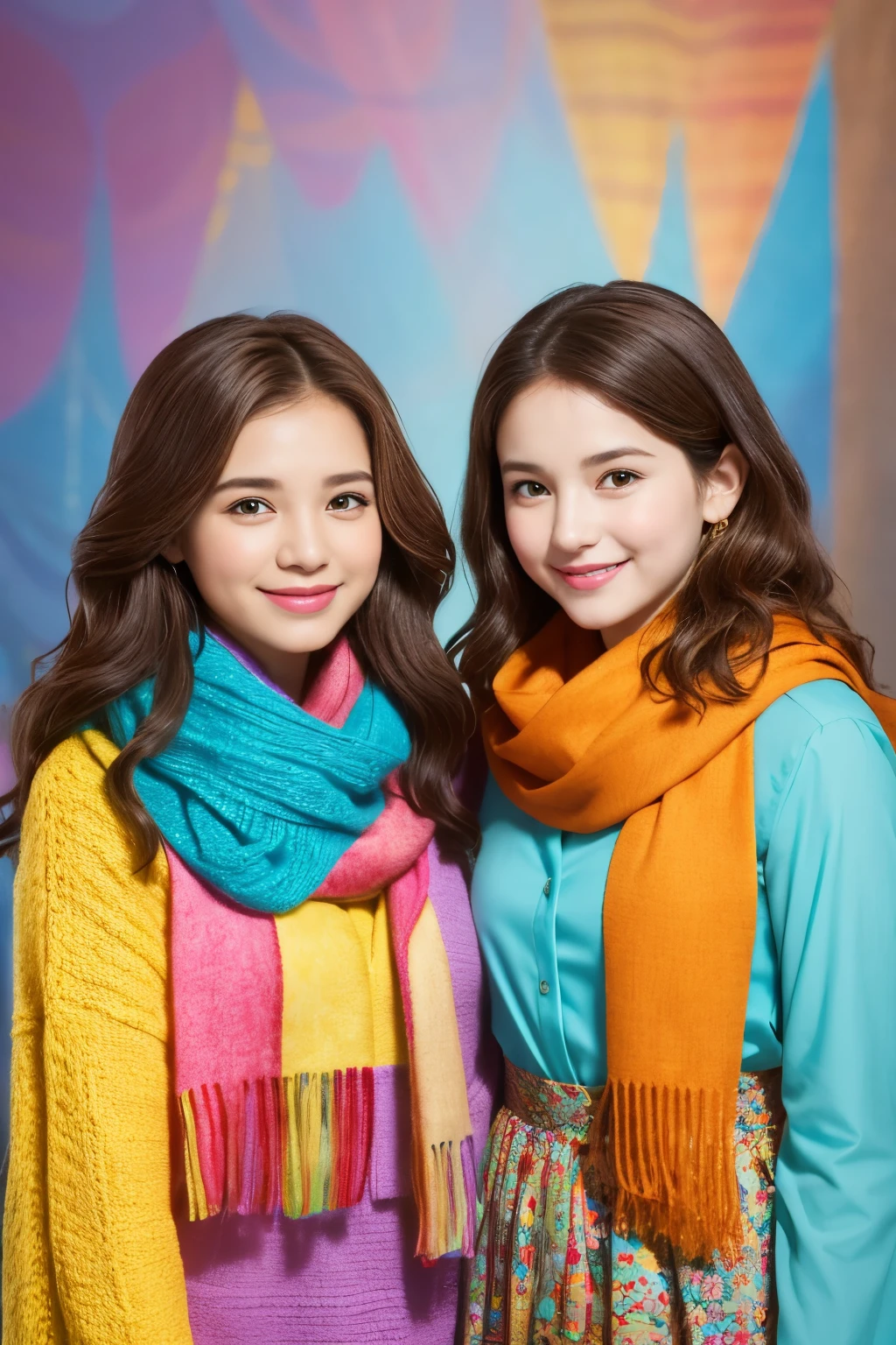 two girls, curious, fearless, smiling, wavy brown hair, dressed in colorful clothes and a magical scarf, next to the old fairy queen,