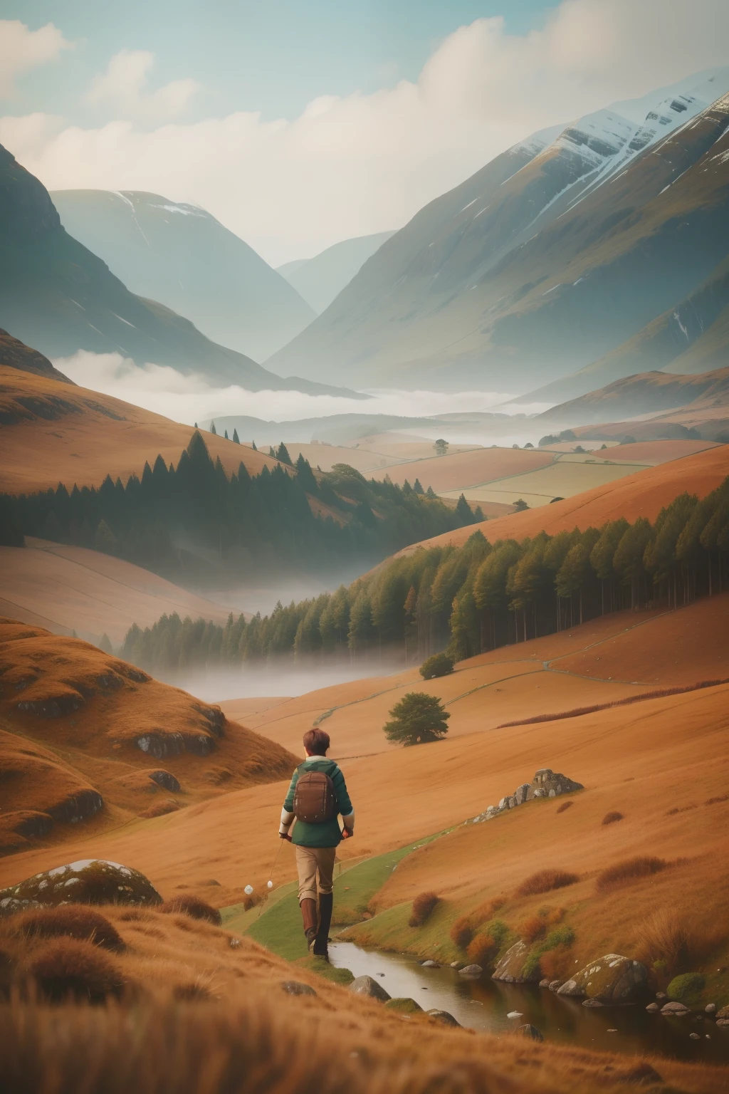 The Scottish Highlands Adventure: Envision a tween boy with tousled brown hair, wearing a tartan scarf and a weathered explorer jacket, embarking on a solo adventure in the misty Scottish Highlands. The landscape is filled with rolling hills and ancient ruins, capturing the essence of Enid Blyton's idyllic adventures. Render the Highland exploration in Wes Anderson's tranquil color palette, infusing a sense of mystery into the misty scenery.