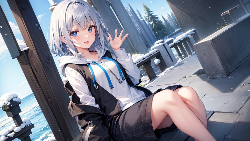 super high quality, girl, 20-year-old, Very shorthair, long bangs between the eyes, pale blue eyes, hoodie,Black skirt,白いhoodie、 very detailed,(masterpiece、highest quality)、alone、gray hair、fantasy, silver hair, black eye, beautiful eyes,seaside,blue sky , sunlight,smile、open your mouth、snow scene、fantasyな風景