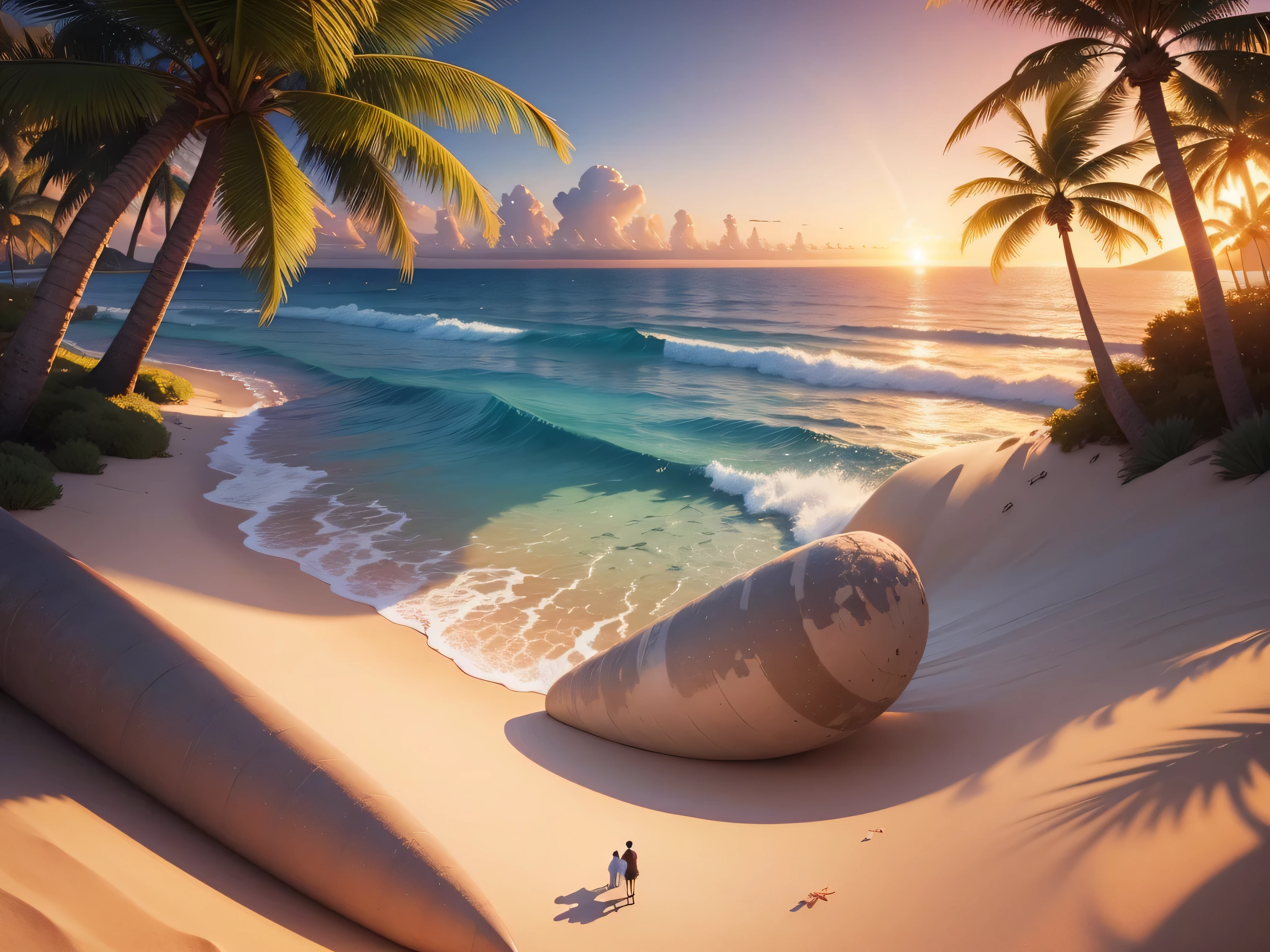 Masterpiece, best quality, (very detailed CG unity 8k wallpaper), (best quality), (best illustration), (best shadows), glow sprite, with lovers standing in the sand near the sea. Mysterious place, beautiful colors, nature, surrounded by beach, palm trees, delicate textures (natural elements), (sunset theme), (ray light), (sunset sky), (particle effects) etc. 3D , Octane rendering, ray tracing, super detailed