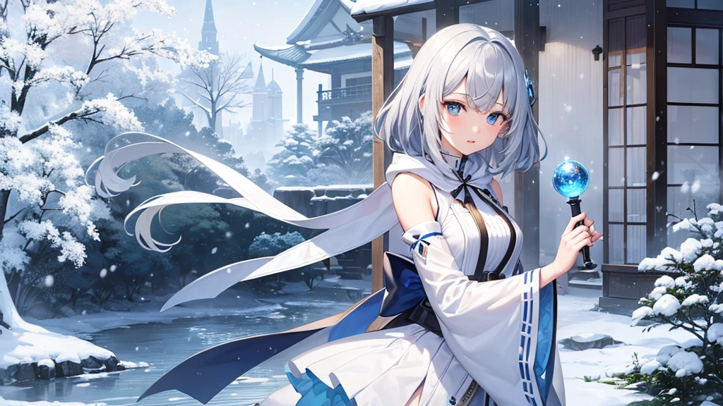 super high quality, girl, 20-year-old, とてもshort hair, long bangs between the eyes, pale blue eyes , very detailed,(masterpiece、highest quality)、alone、gray hair、laughter、snow scene、fantasy, silver hair, black eye, beautiful eyes, hoodie, Miko costume,shrine、short hair,blue sky , sunlight,fantasyな風景,