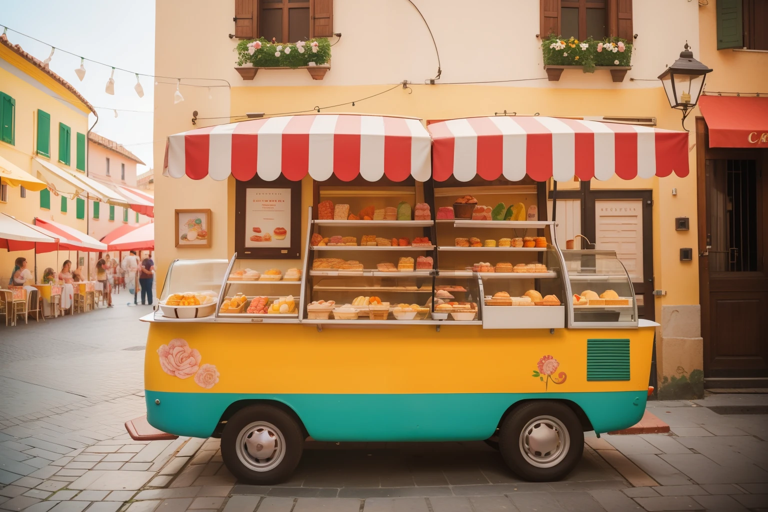 The Italian Gelato Fiesta: Imagine a teen girl with freckles and a playful sundress, savoring a gelato fiesta in an Italian piazza. The gelato cart is adorned with colorful flavors, and the cobblestone streets are filled with the aroma of freshly baked pastries. Capture the joyous gelato moment in Wes Anderson's playful and delicious color palette, adding a touch of Italian sweetness to the scene.