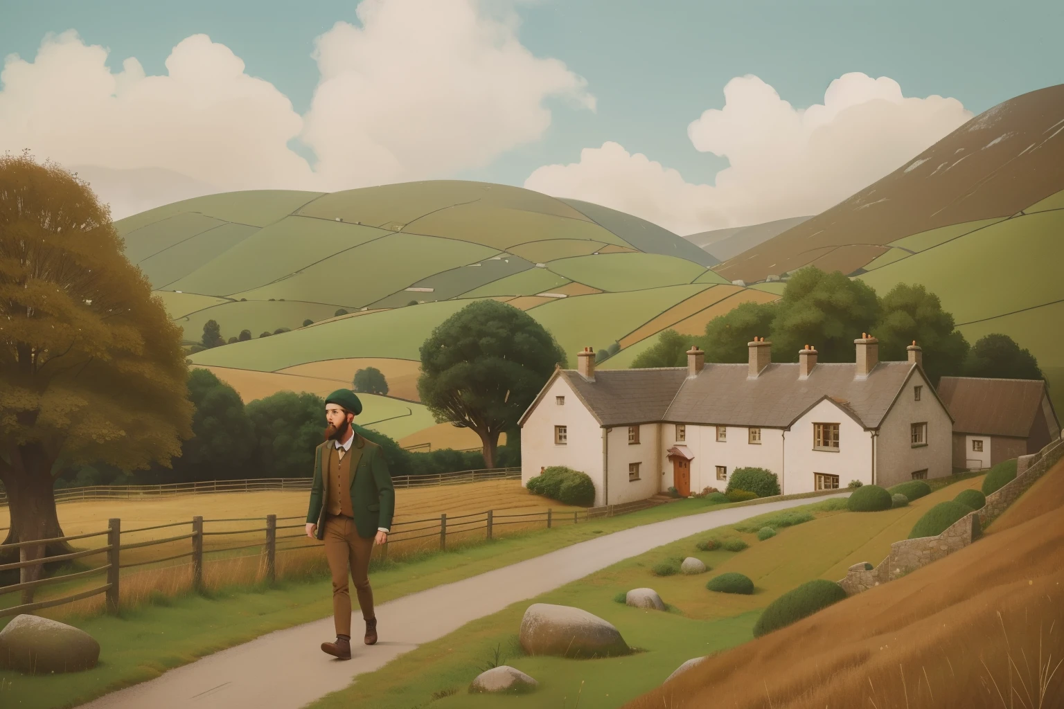 The Irish Countryside Stroll: Picture a young man in his twenties with a beard and a flat cap, taking a leisurely stroll through the lush Irish countryside. Dressed in a cozy sweater, he explores stone walls and charming cottages. Render the countryside scene in Wes Anderson's warm and earthy color tones, capturing the tranquility and simplicity of an Irish escapade.