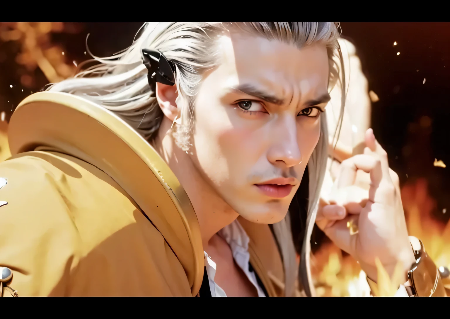 Man black long hair and Ears like a wolf and black white clothes A gold piece on his shoulder