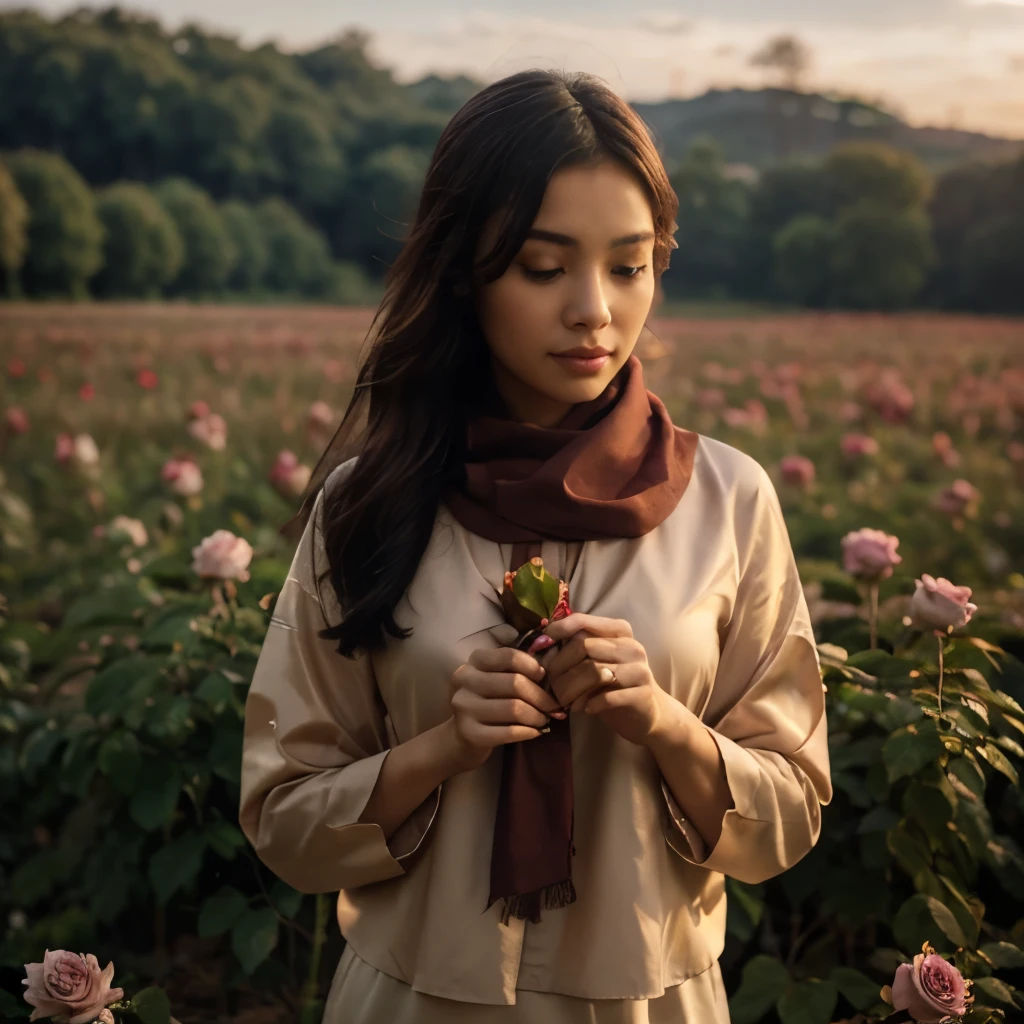 Beautiful girl, holding a rose, wearing a Burmese blouse, wearing a Burmese scarf, applying Burmese nail polish, background with rose field, lake, butterflie.10K High quality High resolution realistic phto 3D.