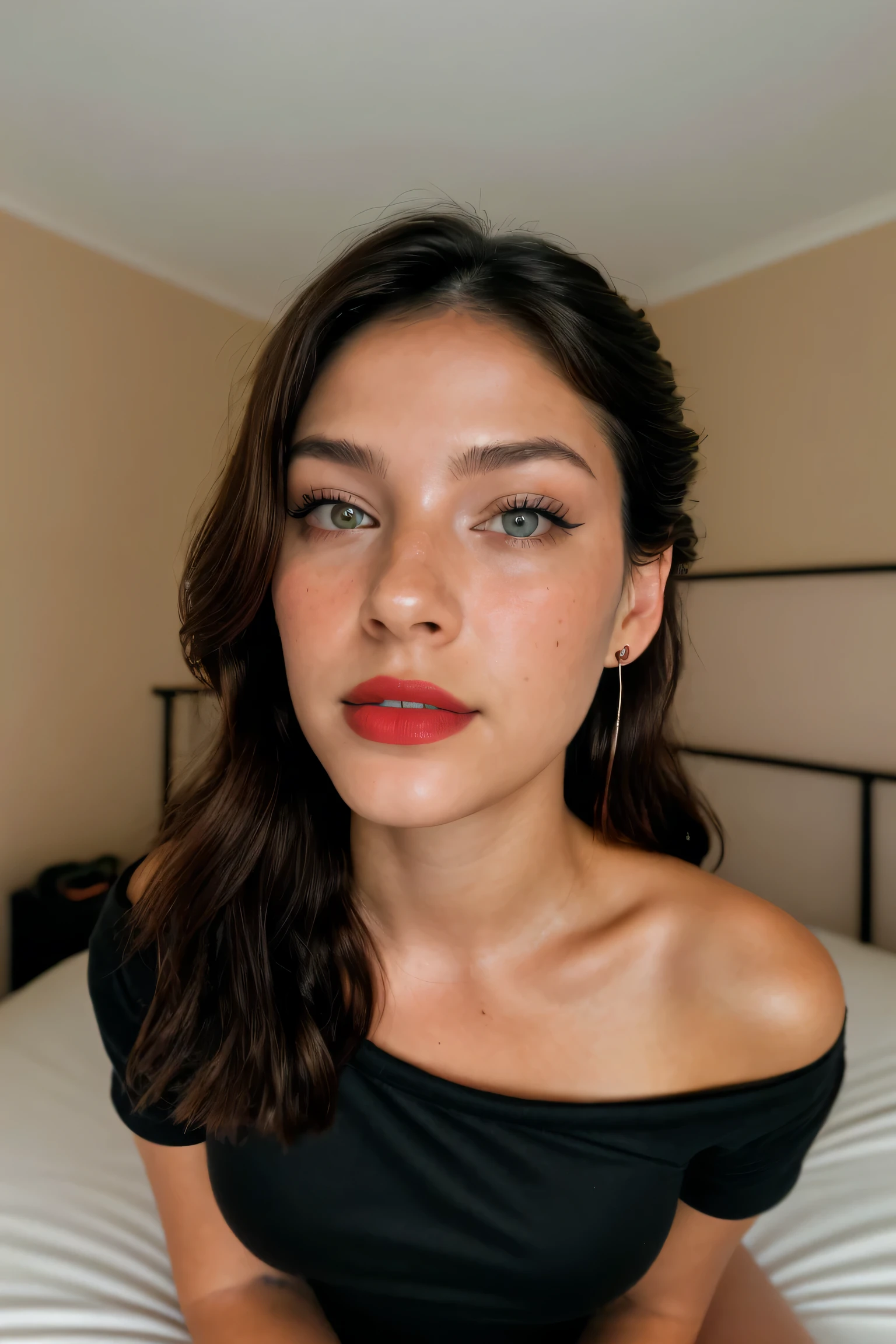 (high angle, closeup:1.2) selfie of CandelaGallo, she  wearing tight black t-shirt ,tight black tshirt, red lipstick, her hair  styled as low messy knot, BREAK she  (in the bedroom:1.1), silhouetted against the light, shot on Leica T, Leica colors, tone,shallow depth of field,vignetting, Voigtlnder Nokton 50mm f1.1 ,