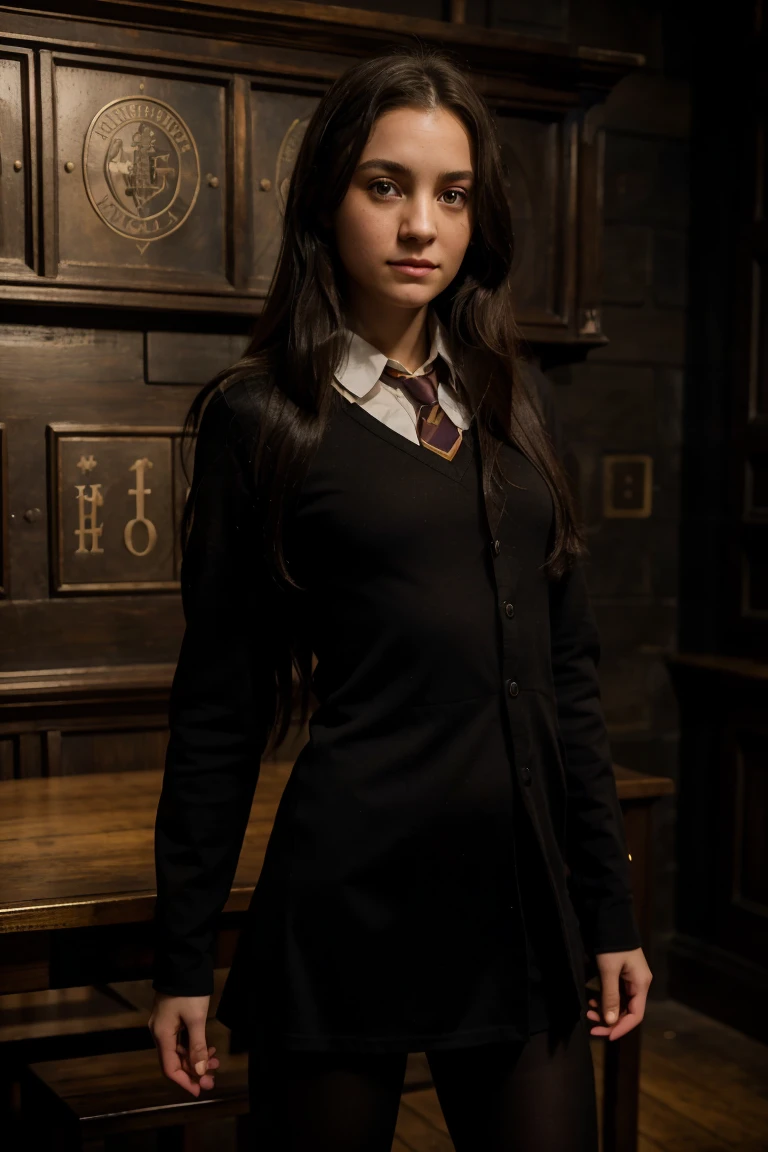 1girl, Harry Potter universe,Solo, One woman of about 16 years old, black long hair, Hazel eyes, hogwart uniform, black pantyhose, standing, hogwart hall photography, young woman, slim body, RAW Photography, 8k, , Masterpiece, Full Body Shooting, Top Quality, Fine Pore, Realistic, Photorealistic, Ultra Detailed