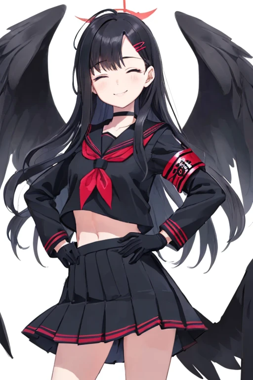 ichika ba, black choker, put your hand on your waist, alone, closed mouth, pleated skirt,close your eyes, gloves, red neckerchief, black gloves, armband, cowboy shot, midriff peak, low wing, school uniform, Hello, long sleeve shirt, long hair, black hair, hair ornaments, 1 girl, black skirt, Black Serafuku, looking at the viewer, smile, white background, Black wings, sailor collar, hair clip sex