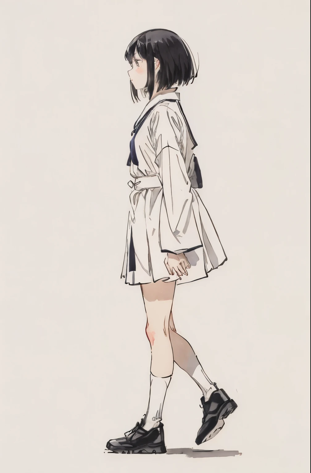 pure white background、横向きにwalkingセーラー服の女の子、profile、whole body、black hair、underfoot、black shoes、walking