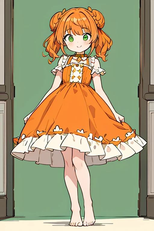 (masterpiece, best quality), 1girl, frill dress,  orange medium hair , twin bun hair , cute face, standing,  full body , toe ,indoor, intricate detail, green background,