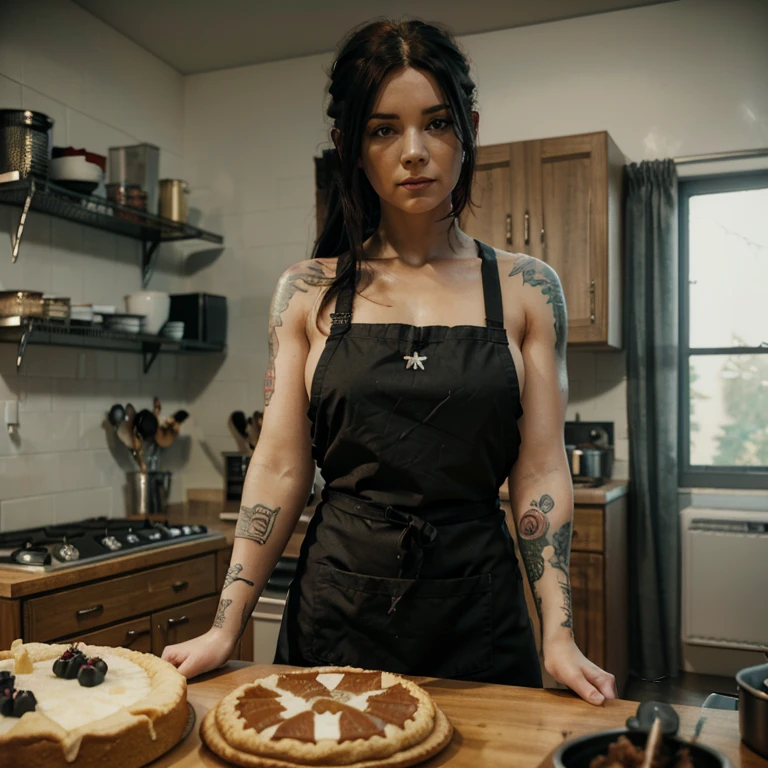 Woman with tattoo, (([red|black] hair)), long hair, wearing a black apron,  Cooking, look at the viewer, kitchen, cake and pie in the background,  in room, (soothing tones:1.0), (HDR:1.25), (art station:1.2), dramatic, (complex parts:1.14), (hyper realistic 3D rendering:1.16), (Cinematic:0.55), (Rutkovski:1.1), (faded:1.3)