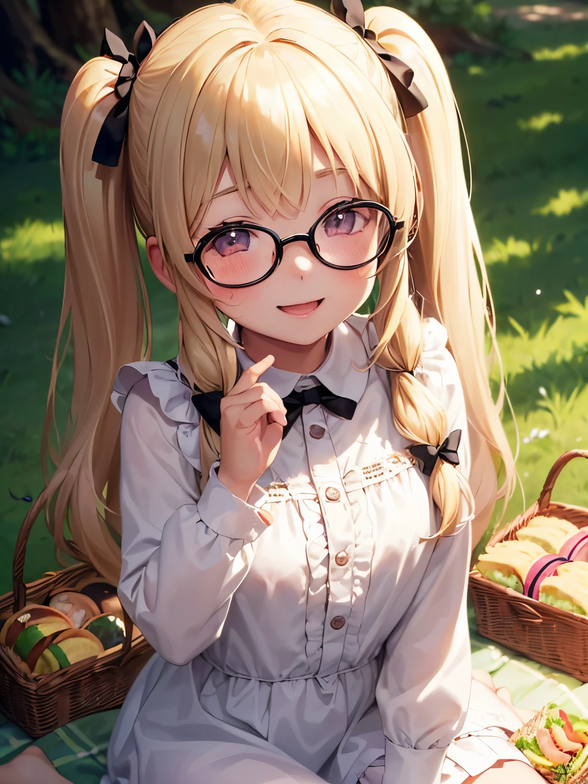 (best quality, muste piece), 1 girl, dappled sunlight, grassland, of glasses, embarrassed, (((1 baby girl))), ((())), (Goosebumps:0.7), pretty face, (eyeliner, Lipstick:0.9), In 4K, 8K, ticker, ticker, detailed background, background,(((With blonde twin tails))),,,(((picnic))),(((hand out the sandwich to the viewer))),(((stuff one's cheeks))),(((Looks fun))),(((smile))),(((Angle from the front))),(((blush))),(((Cute voice))),,((())),,(((SFW))),(((cute pose))),