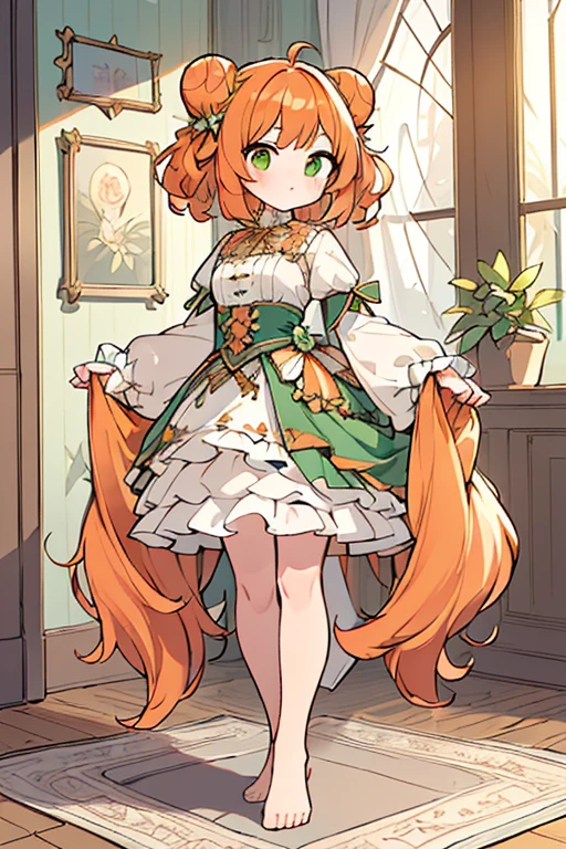 (masterpiece, best quality:1.3),beautiful detailed glow,best illuminate,(((best quality,textile shading,ultra detailed))),extremely detailed CG unity 8k wallpaper,Highly Detailed beautiful and aesthetic, 1girl, frill dress,  orange medium hair , twin bun hair , cute face, standing,  full body , toe ,indoor, intricate detail, green background,