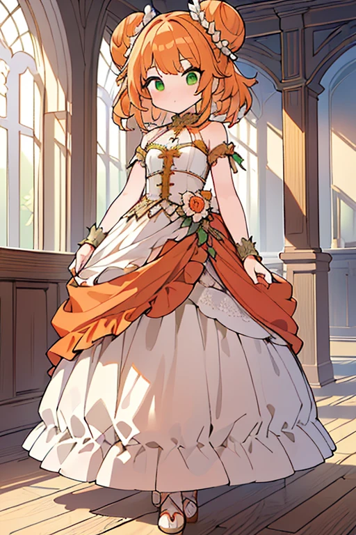 (masterpiece, best quality:1.3),beautiful detailed glow,best illuminate,(((best quality,textile shading,ultra detailed))),extremely detailed CG unity 8k wallpaper,Highly Detailed beautiful and aesthetic, 1girl, frill dress,  orange medium hair , twin bun hair , cute face, standing,  full body , toe ,indoor, intricate detail, green background,