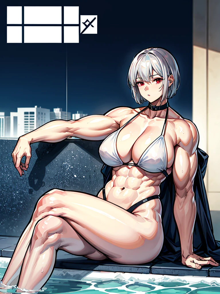 (((masterpiece、Highest image quality、highest quality、highly detailed unity 8kwallpaper)))、((Illustration of one girl))、(((blue silver short hair)))、red eyes、(((tall、stocky build, thickset physique, muscular legs, broad shoulders, solid chest、Armpit)))、((manspreading、Sitting on a deck chair))、swimsuit、Poolside