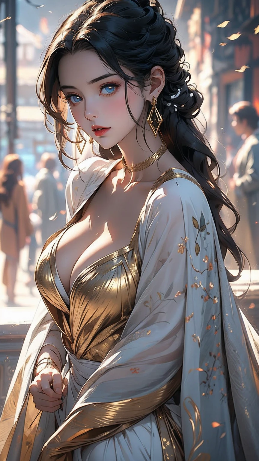 30 year old women, angel, white long hair, angel wing, golden earrings, golden pendant, golden eyes, majestic eyes, white and blue gown, big breast, collar bone, 150mm portrait, 8k, masterpiece quality, ultra detailed, ultra detailed eyes, high resolution, , front view,