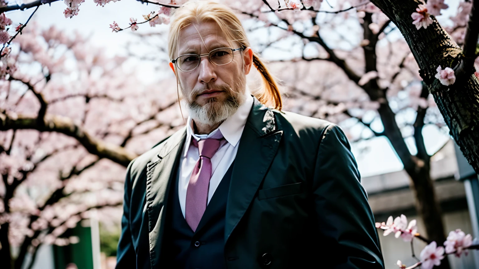 realistic, 1boy, van hohenheim, upper body, yellow eyes, deep green necktie, blue vest, long coat, Spring, Cherry blossom trees, pink petals, gentle breeze, city walk.