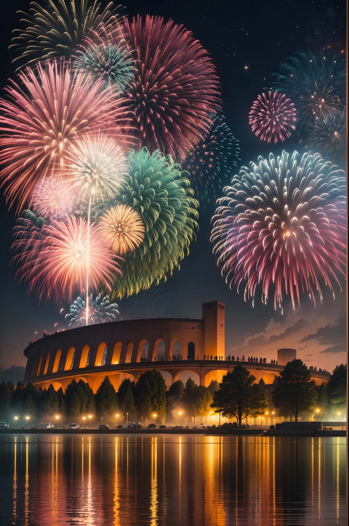A magnificent firework display unfolds in the festive night sky above Bochum, bathing the city skyline in a sparkling spectacle. The impressive skyline forms an impressive backdrop for numerous people who welcome in the New Year together. "Happy New Year 2024" written in glowing letters and blends harmoniously into the glamorous atmosphere of this special moment. --auto --s2