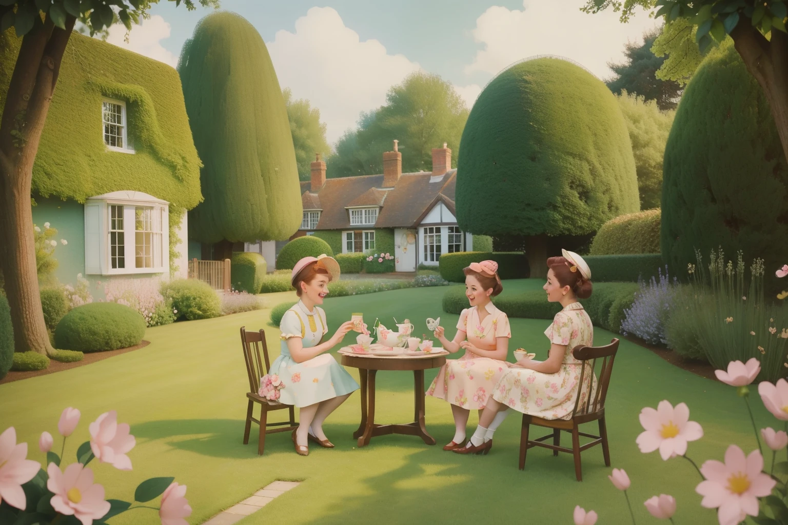 1950s English Garden Gathering (Location: Surrey): Picture a teenage girl with auburn pigtails, wearing a pastel floral dress, hosting a whimsical garden tea party in Surrey. The garden is filled with vintage teacups, elaborate hats, and the laughter of friends. Capture the idyllic scene in Wes Anderson's nostalgic color palette, adding a touch of English charm to the Surrey countryside.