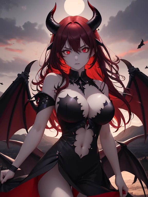 absurdres, highres, ultra detailed, night, solo focus, cowboy shot, from bellow,
1girl, demon horns, demon tail, demon wings, red hair, red eyes, slit pupils, glowing eyes, huge breasts, pale skin, aura, looking at viewer, standing, raised hair, wind, flying hair, black background, serious,
