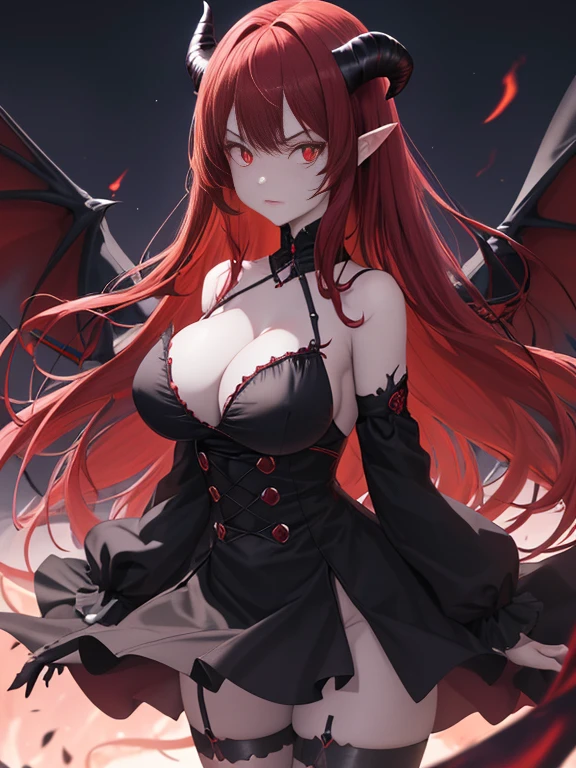 absurdres, highres, ultra detailed,  night, solo focus, cowboy shot, from bellow,
1girl, demon horns, demon tail, demon wings,   red hair, red eyes, slit pupils, glowing eyes, ????????????, pale skin, aura, looking at viewer, standing, raised hair, wind, flying hair, black background, serious,   