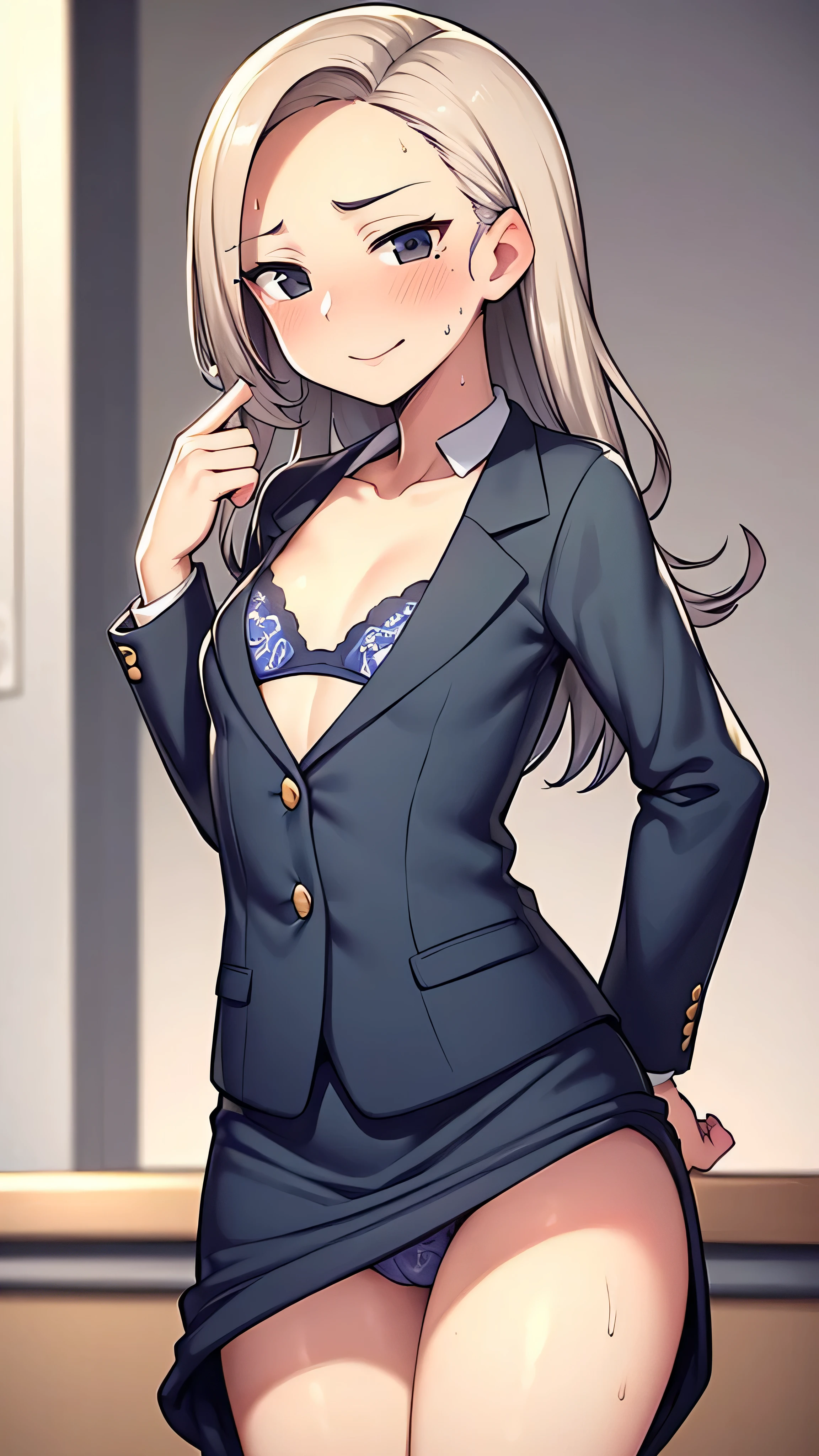 one person、masterpiece、highest quality、Super detailed、High resolution illustrations、enhance the charm of your eyes、depicted in detail、perfect body structure、School female teacher old lady.、navy blue business suit and long skirt、thin、black eye、unbutton one button'shirt、show something good、Bras with colorful designs printed on them、flat chest、small breasts、white long hair、school classroom、lipstick、blush、embarrassed look、shy smile、close one eye、sweat flows、Sigh、hot air、mole、dirt on face and skin、wrinkles on face and skin、aging of face and skin、wrinkled face and skin、NSFW,