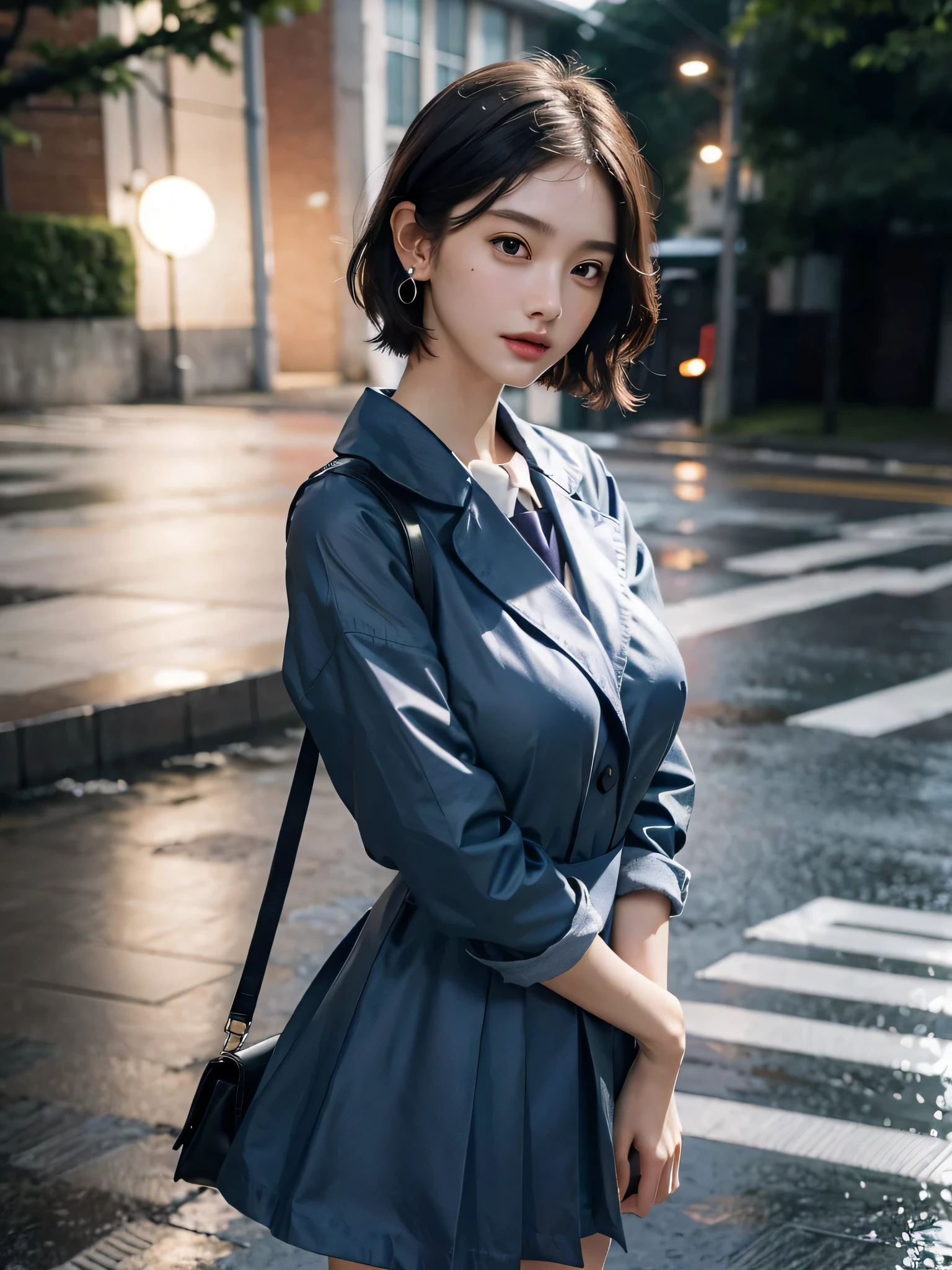 disorganized, RAW photo, very delicate and beautiful, masterpiece, highest quality, ultra high resolution, 16k, surreal, super detailed, perfect anatomy, super dense skin, perfect figure, Highly detailed CG 8k wallpaper, 20's, very slim body, tight waist, very small head, very small face, delicate features, tearful mole, earrings, thin legs, barefoot, ((bare arms)), ((very huge round breasts)), full body shot, 1 girl, short middle hair, wavy hair, raincoat, ((school uniform)), Wet,