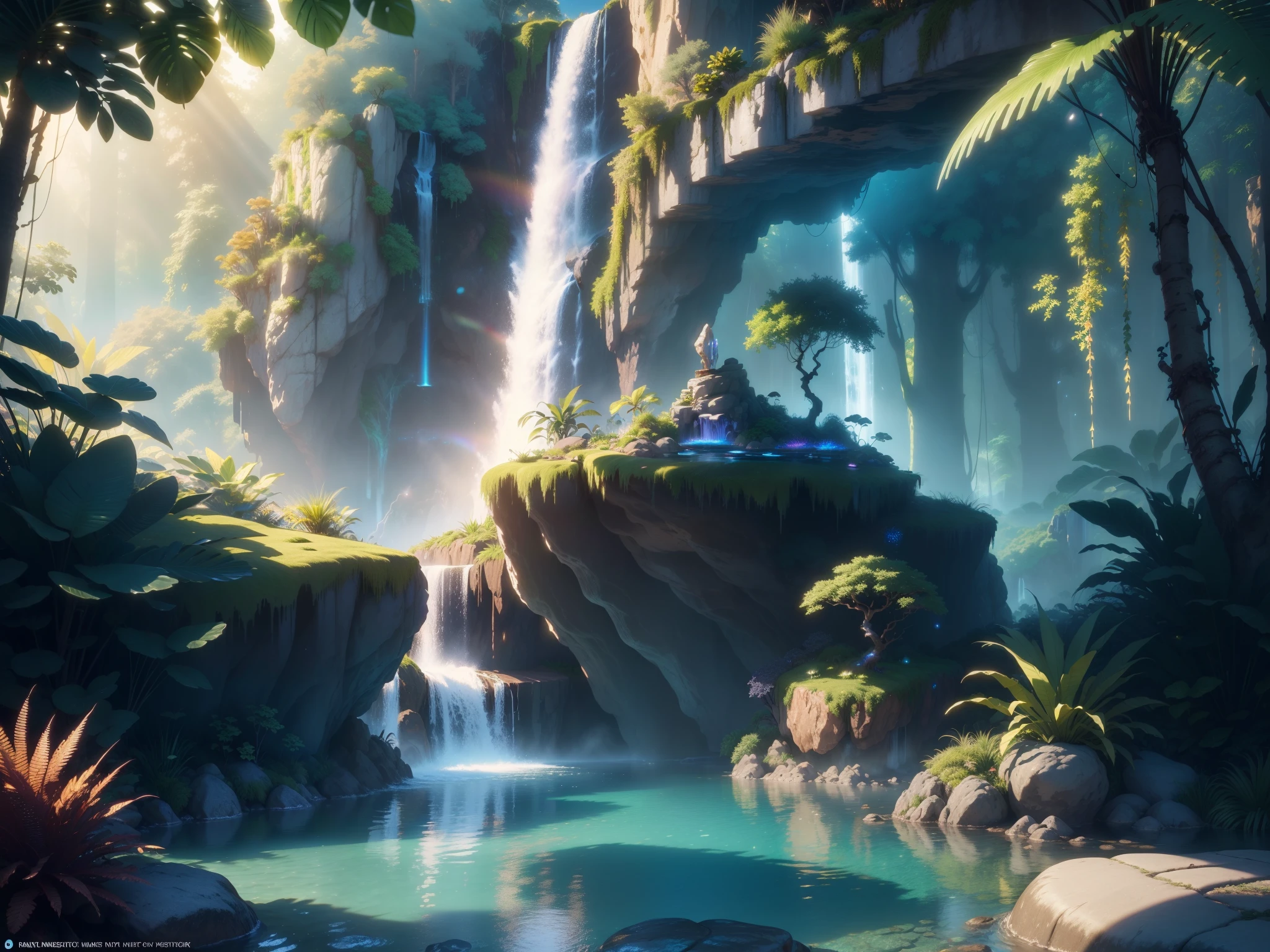 Masterpiece, best quality, (very detailed CG unity 8k wallpaper), (best quality), (best illustration), (best shadows), glow sprite, with rainbow in waterfall. Mysterious place, beautiful colors, nature, surrounded by rocks and water, delicate textures (natural elements), (jungle theme), (ray light), (rainbow), (particle effects) etc. 3D , Octane rendering, ray tracing, super detailed