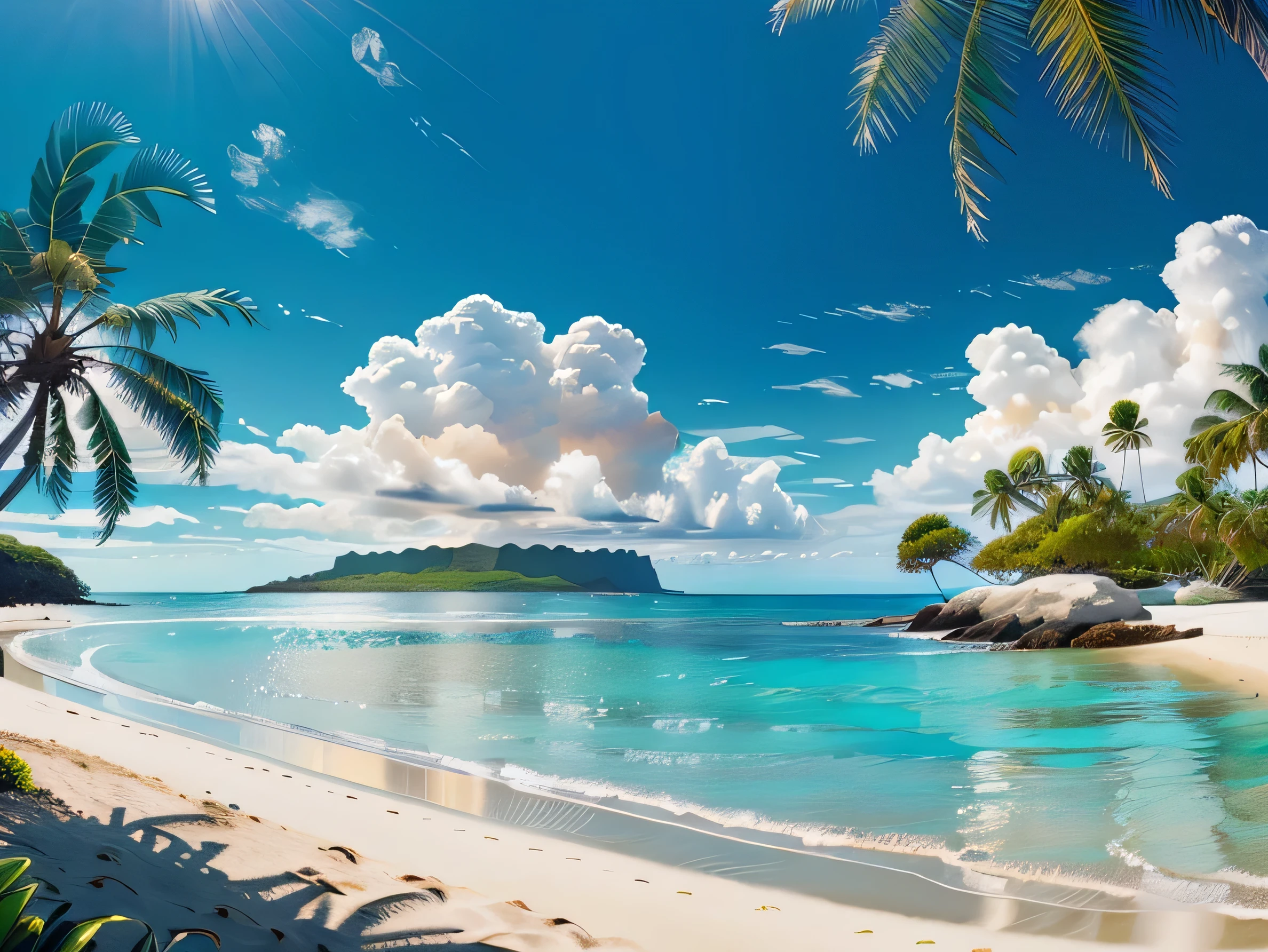 prompt: very detailed panorama of a beautiful beach, islands in the distance, few clouds, and palmtrees,
(((Hi res, HDR, HD, 4K, 8k))), fill lighting, thin and delicate line, 