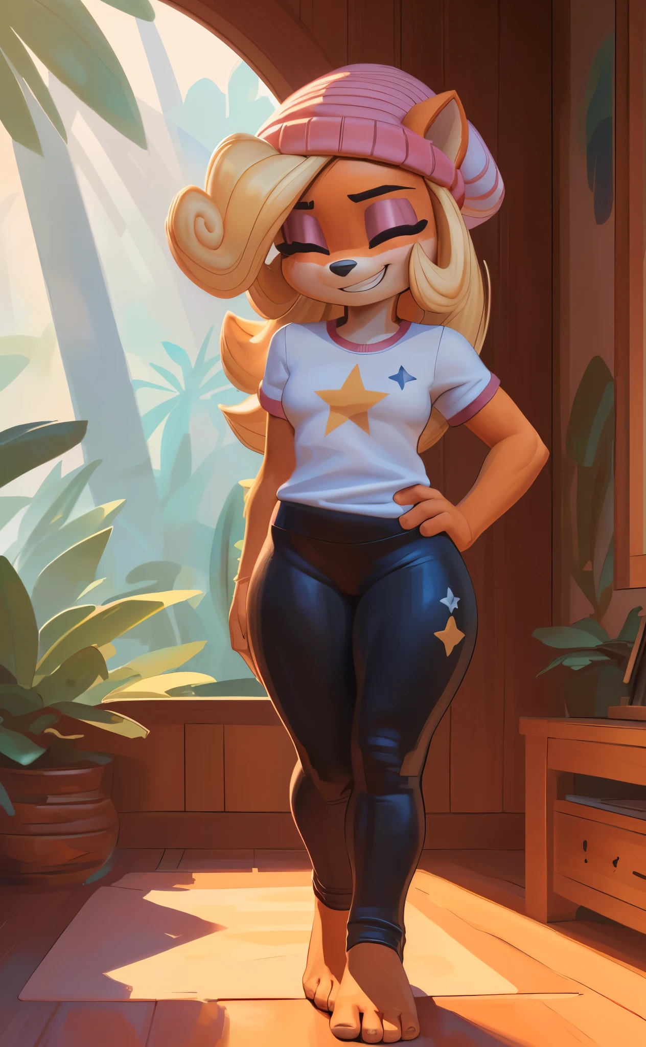 [Coco bandicoot], [Uploaded to e621.net; (Pixelsketcher), (wamudraws], ((masterpiece)), ((HD)), ((solo portrait)), ((full body)), ((front view)), ((feet visible)), ((furry; anthro)), ((detailed fur)), ((detailed shading)), ((beautiful render art)), ((intricate details)), {anthro; orange fur, black nose, (both eyes closed), (short eyelashes), (pink eyeshadow), (long blonde curly hair), (curvy hips), (beautiful legs), (beautiful feet), (humanoid feet), (blushing), (cute grin), (excited expression)}, {(white tee shirt), (yellow star printed on shirt), (tight pink yoga pants), (pink beanie)}, {(standing), (hand on hip)}, [background; (tropical forest), (tree house), (window), (blue sky), (sun rays)]
